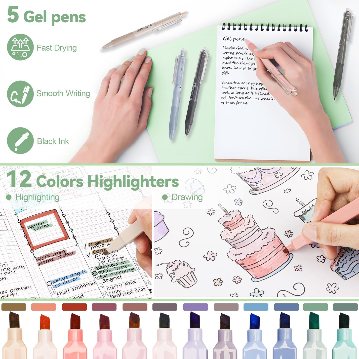 DazSpirit 61 PCS Aesthetic School Supplies with Cute Pencil Case, Pastel No Bleed Highlighters, Gel & Erasable Pens, Mechanical Pencils, Refills, Complete Essentials Stationery Kit for Students, Green
