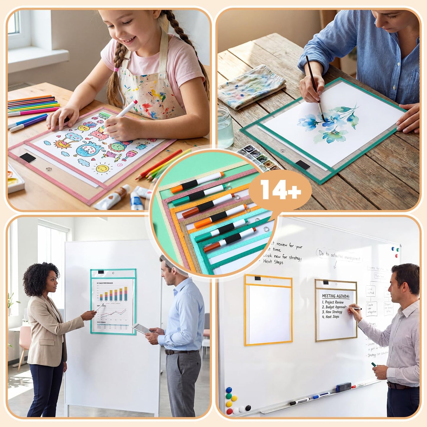 Watersay 24 Pcs Dry Erase Pocket Reusable Sleeves 10" x 14" Clear Plastic Sheet Protectors with Markers and Mini Dry Erasers for Paper(Boho)