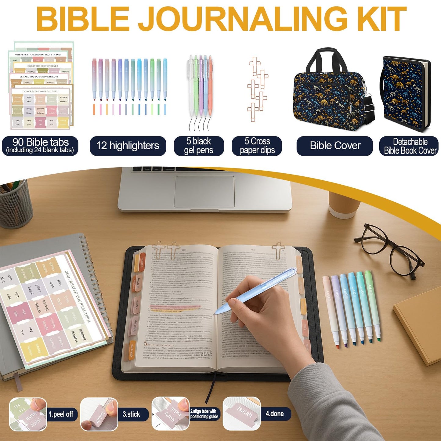 IBOVODI Dinosaur Bible Cover Case for Kids Boys Mens, Large T-rex Bible Carrying Book Case Church Bag Strap Handle Zipper Pocket, Bible Study Supplies Journaling Kit, Highlighters Pens Cross Clips