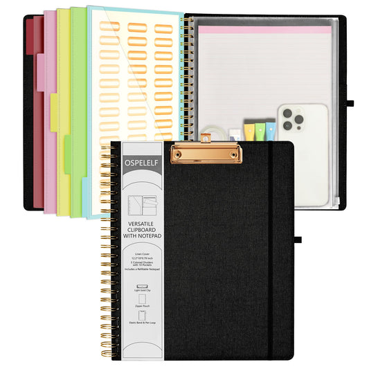 Ospelelf Black Foldable Spiral Clipboard Folio with Storage Zipper Pouch, 5 Plastic Folders with 10 Pockets,Refillable Lined Notepad (11" x 8.5"), Hardcover Project Organizer with 39 Stickers