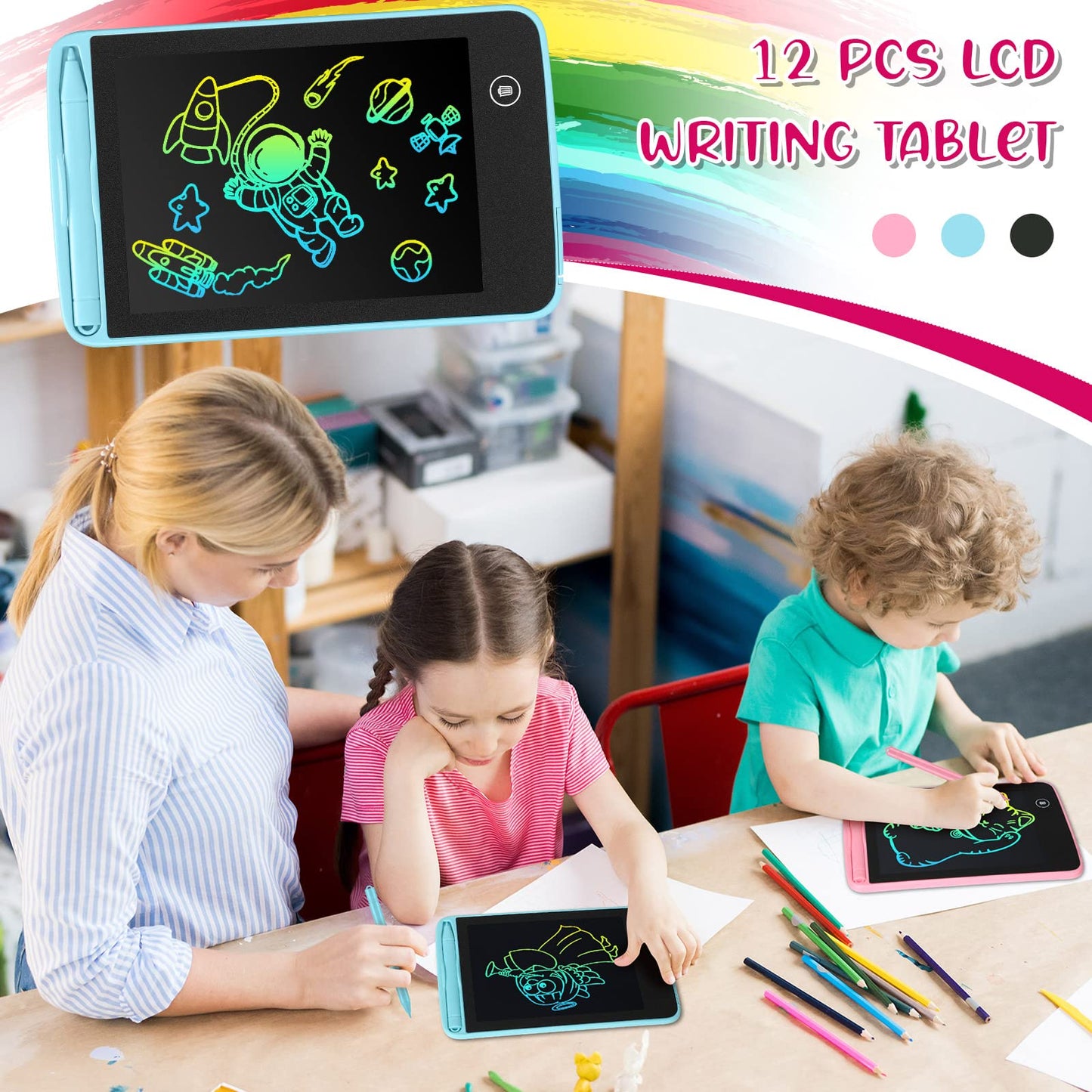 Zhehao 12 Pcs LCD Writing Tablet for Kids Colorful Drawing Doodle Board Drawing Tablet Erasable Reusable Electronic Draw Pad Gift for Boy Girl Educational Learning(6.5 Inch Screen,Vivid Color)