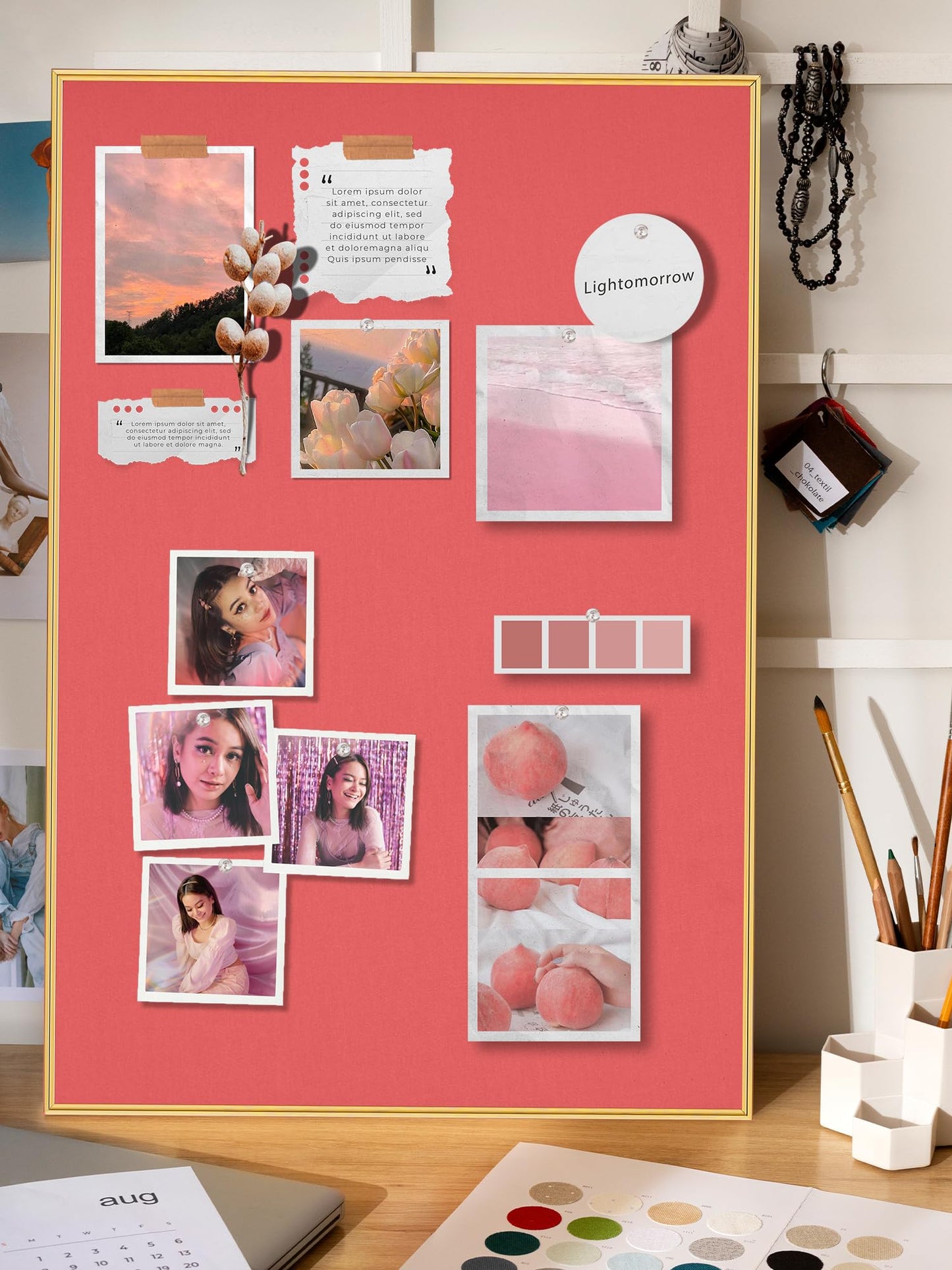 Lightomorrow Bulletin Board 23.6 x 17.7 inches, Coral Red Pin Board, Golden Aluminum Framed Fabric Cork Board with 10 Push Pins