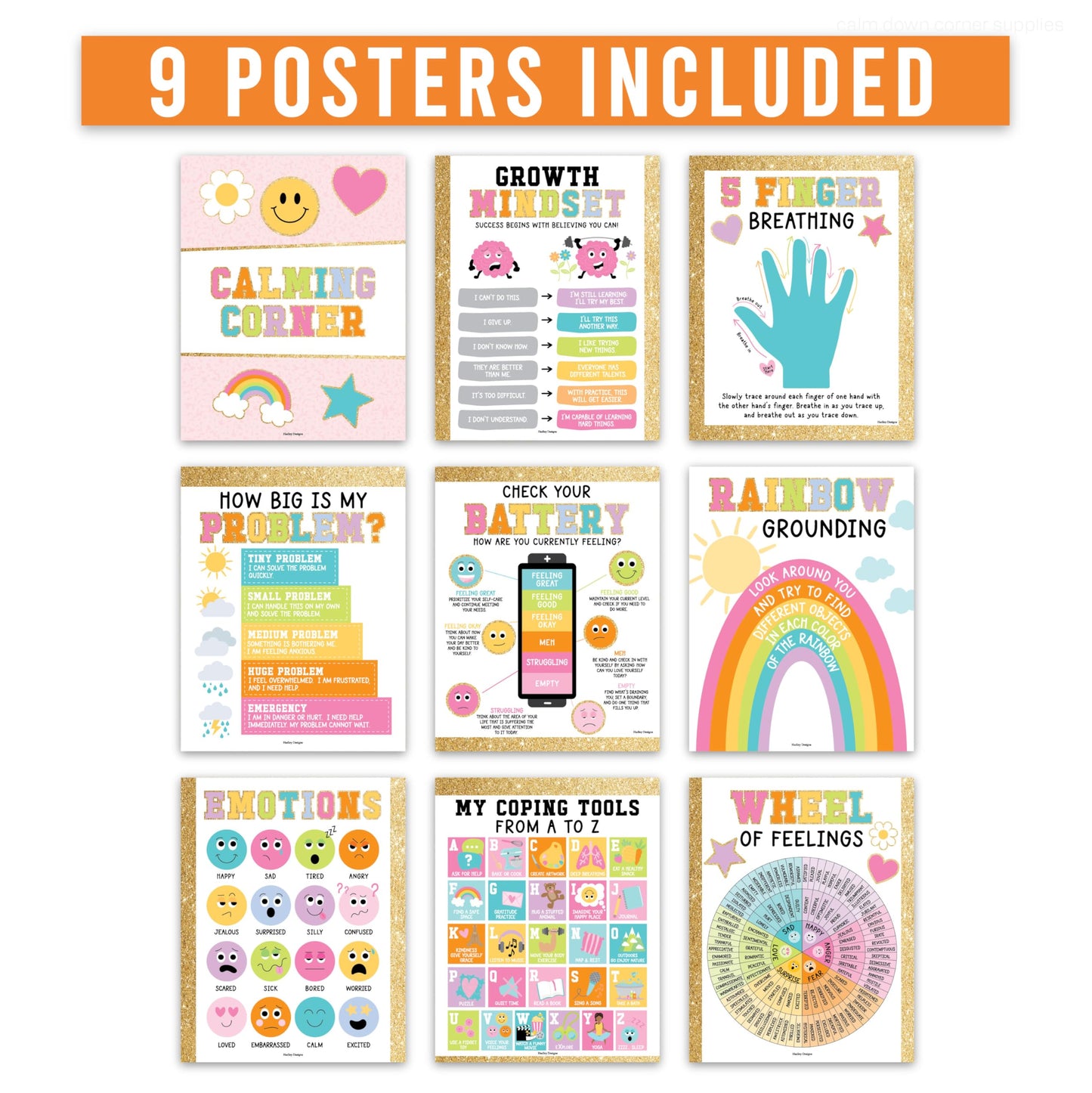 Hadley Designs 9 Calming Corner Posters for Classroom Must Haves - Calm Down Corner Supplies with Emotions Chart, School Counselor Mental Health Poster, Feelings Chart For Kids, Gold Classroom Decor