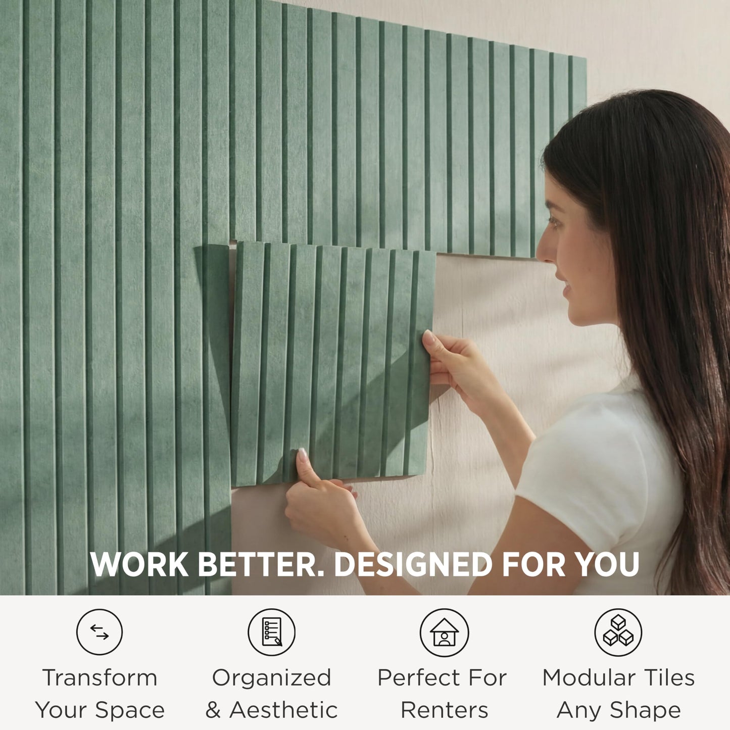 VIVELDA Felt Bulletin Board Tiles 48"x36" - 12-Pack Cork Board Alternative, OEKO-TEX Certified, NRC 0.95 Acoustic Felt Wall Panels, Damage-Free Adhesive, Slatted Design, Home Office & Classroom (Palm)