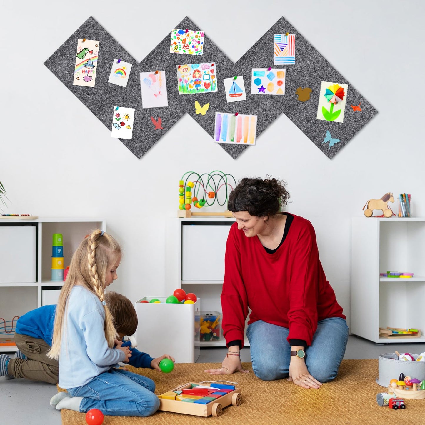 ANLIOTE 6 Pack Felt Bulletin Cork Board Tiles for Wall, 1/2" Thick Self Adhesive Pinboard Squares with 60 Pushpins, Felt Panels Wall Organizer for Photos, Pictures, Memos (11.8"x11.8"- Dark Grey)