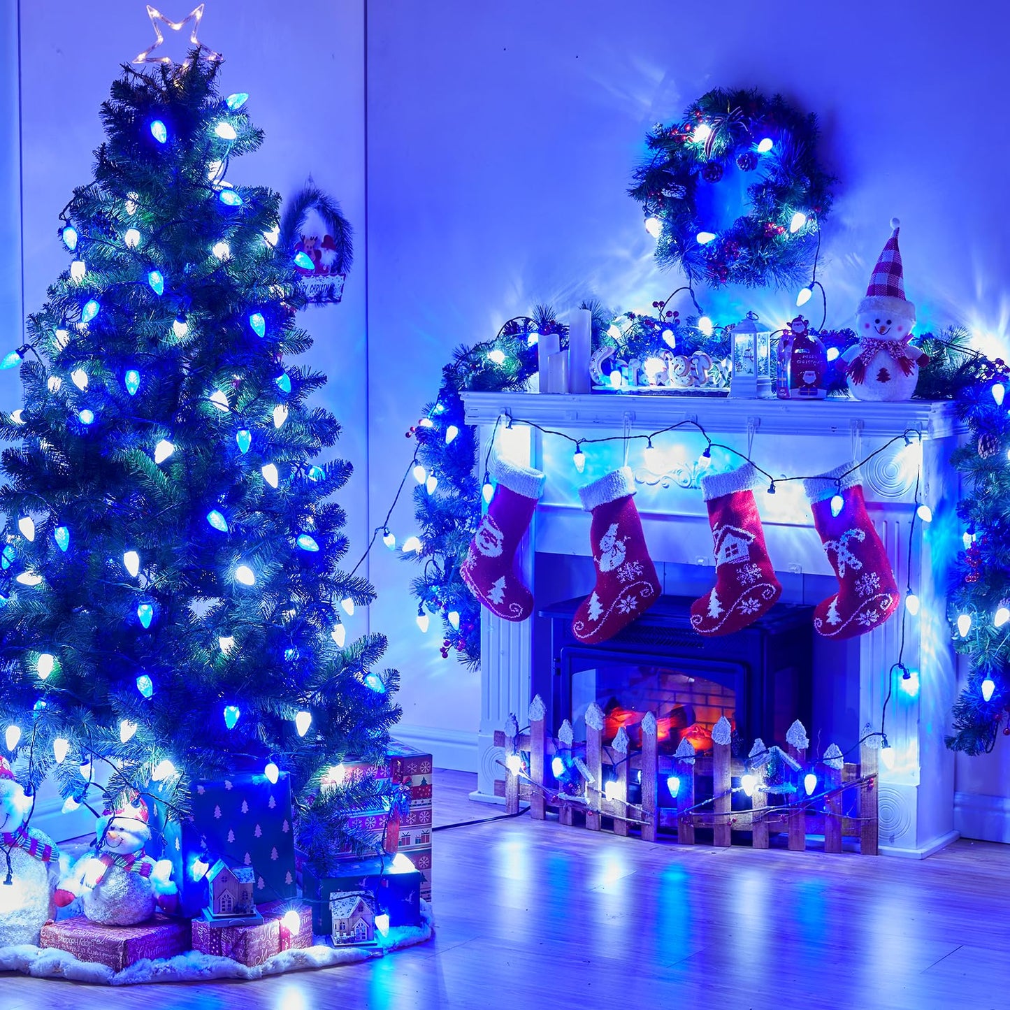 Minetom LED C9 Christmas Light Bulbs, 25 Pack, Dimmable, Blue and Pure White, Fits C9/E17 Base Sockets, Commercial Grade