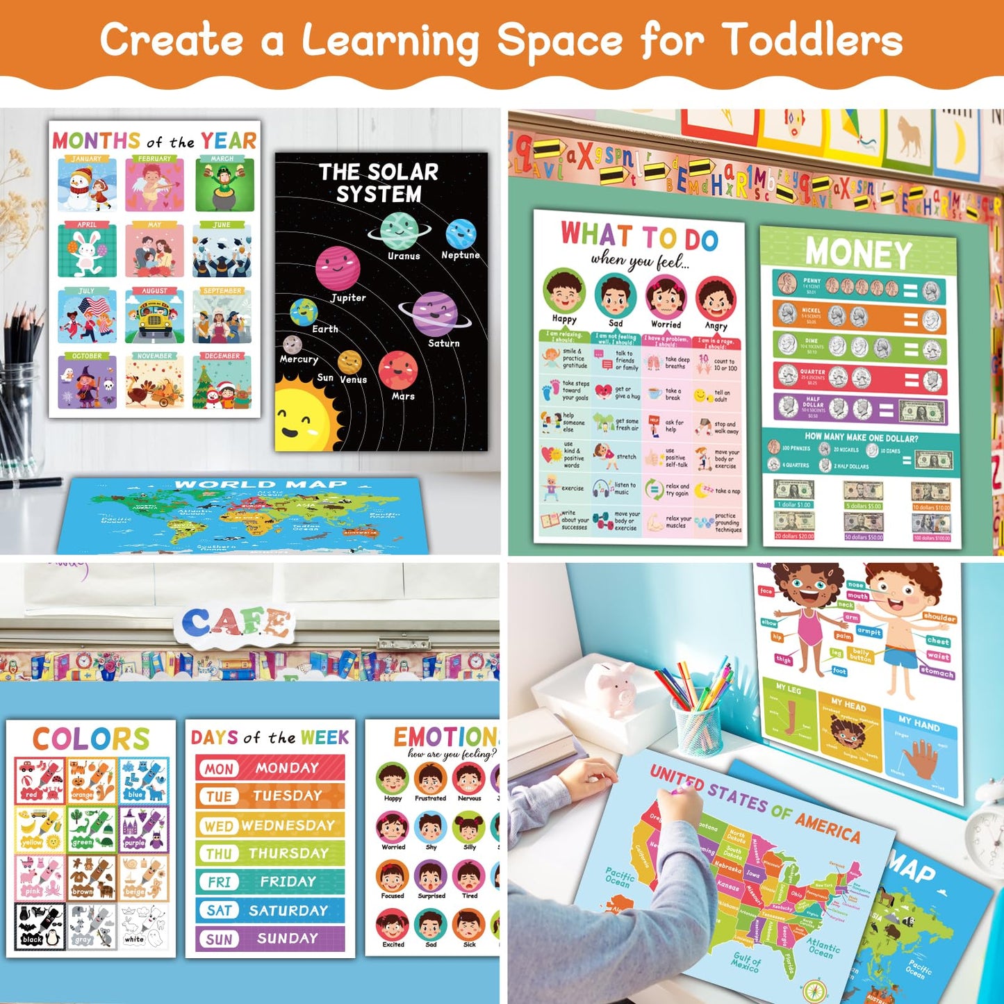 18 Educational Posters for Toddlers 1-3, Learning Posters for Kids Ages 3-5, ABC Poster Alphabet Poster for Preschoolers, Kindergarten Preschool Decor for Wall, Homeschool PreK Classroom Must Haves