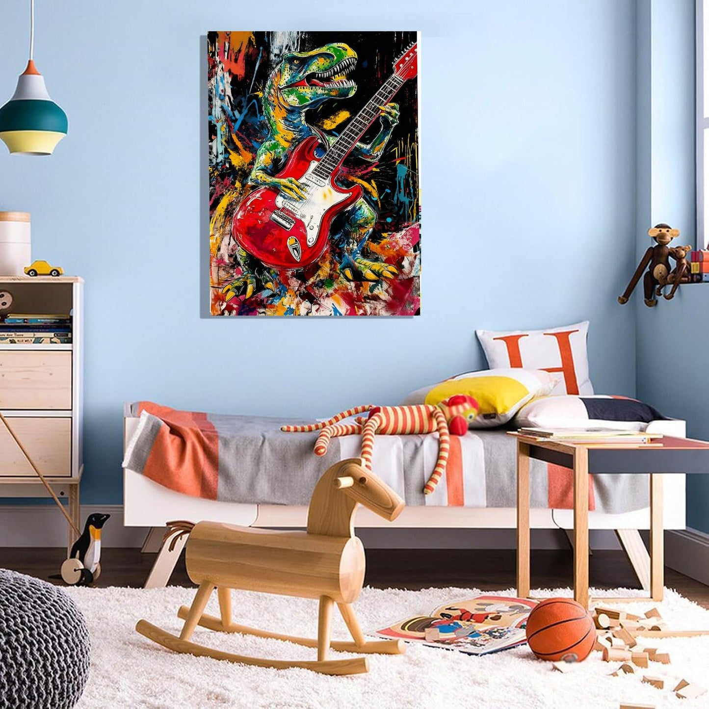16x24 Graffiti Guitar T-Rex Wall Art Modern Rock Picture Framed Canvas Gallery Pop Prints Cartoon Home Office Decor DJ Dinosaur Urban Posters Funny Bedroom Living Room Kids Nursey Teen Boys Men