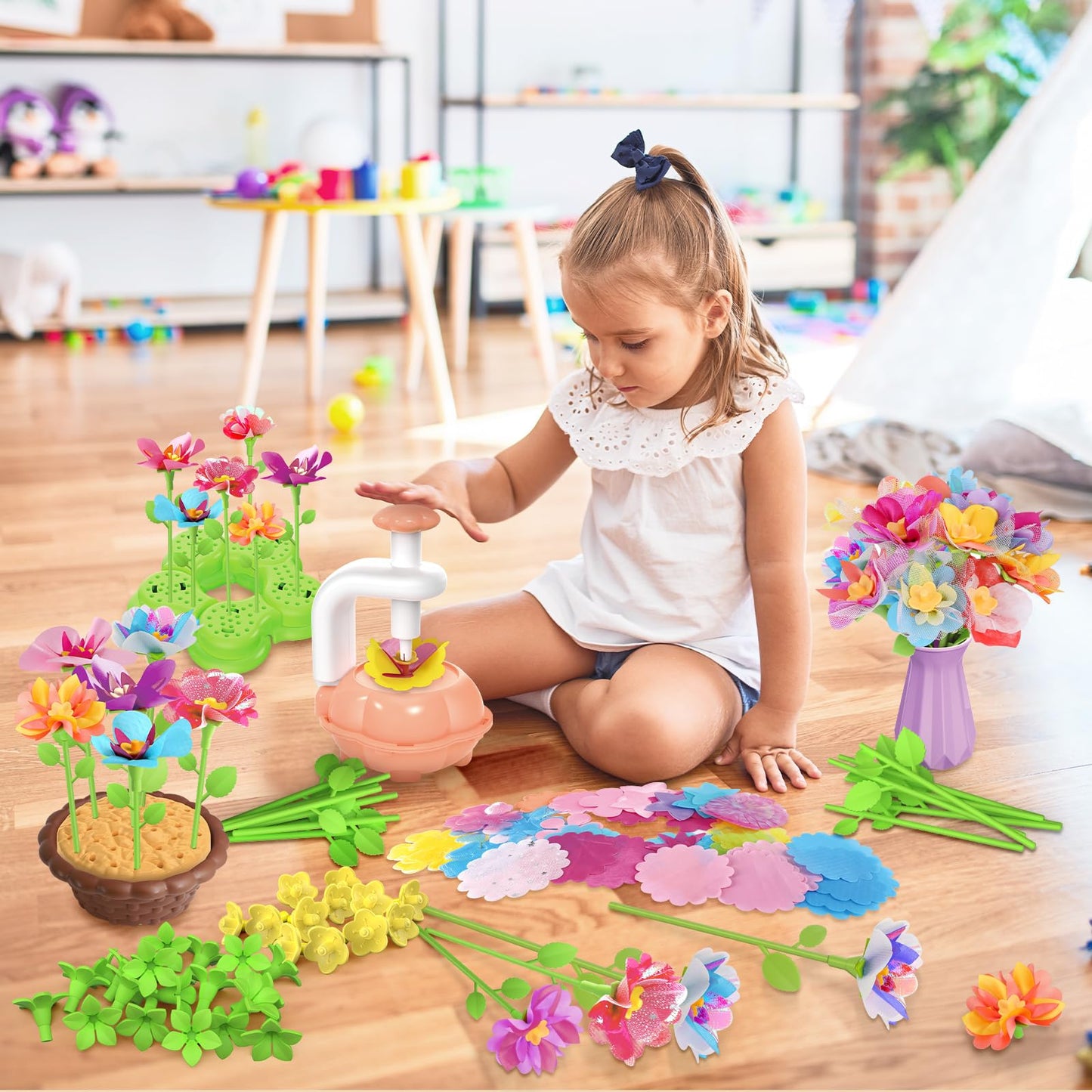 Kufanda 222 Pcs DIY Flower Bouquet Making Kit for Kids Ages 4-8 — Fabric Flower Craft Set with Embossing Machine, — Screen-Free STEM Educational Gift for Girls, Granddaughter Birthday Christmas