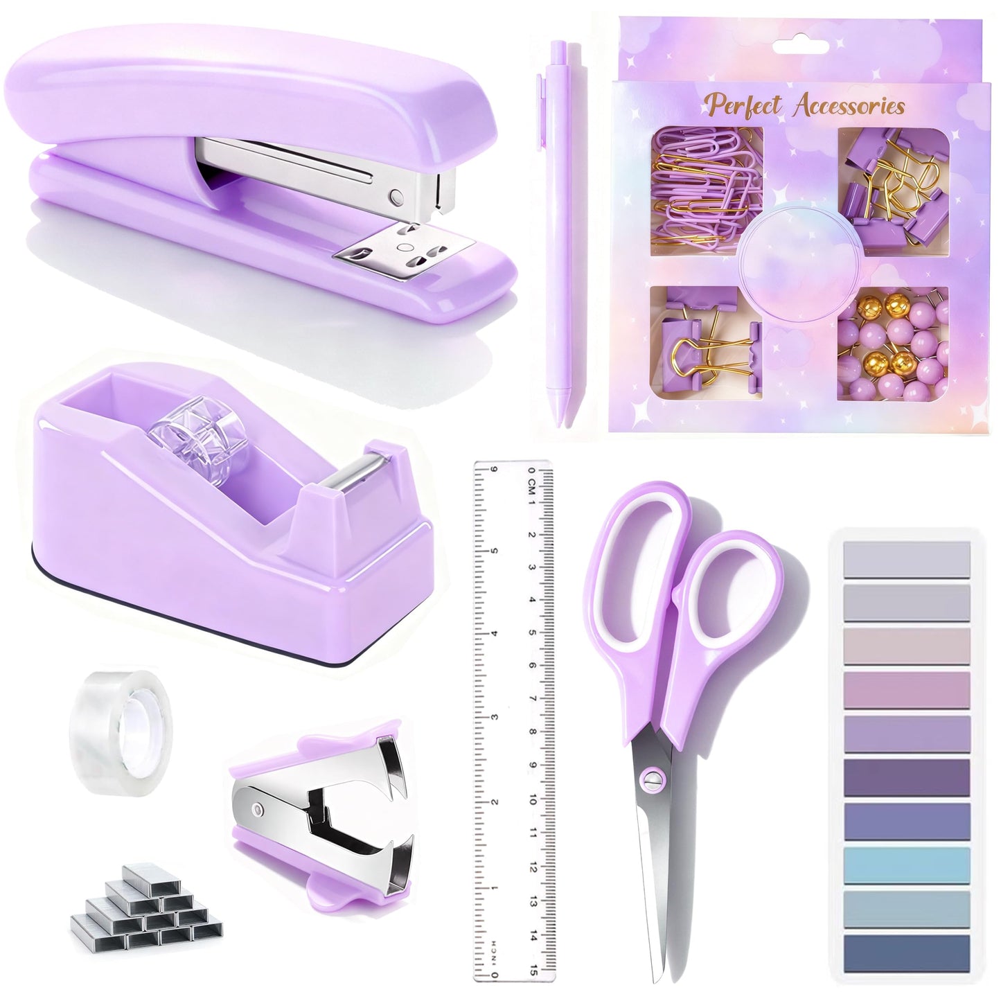 Dimonluce Purple Desk Accessories, Purple Office Supplies Accessories with Tape Dispenser, Stapler, Staple Remover, 1000 Staples, Tape, Clips Set, Ruler, Scissor, Pen