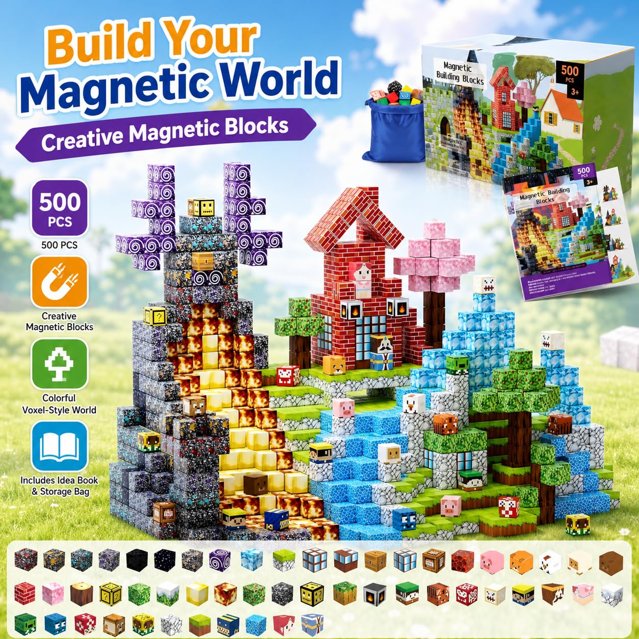500 PCS Magnetic Blocks - Magnetic Building Blocks Cubes, STEM Montessori Toy Set, Stacking Magnets for Kids - Magnet Cubes for Boys & Girls 3+ Educational Stacking Toy Birthday Gift for Children