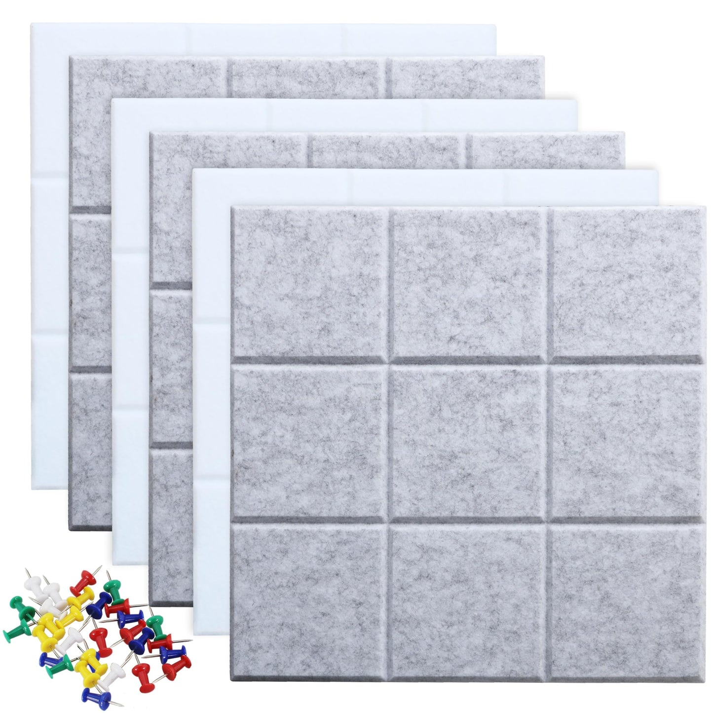 Uoisaiko Large Felt Board Tiles for Wall with 30 Push Pins, 11.8"x11.8" Pack of 6 Pin Board Notice Boards for Home Office Kitchen, Bulletin Board Wall Tiles for Photos Memos (Grey+White, 6 Pack)