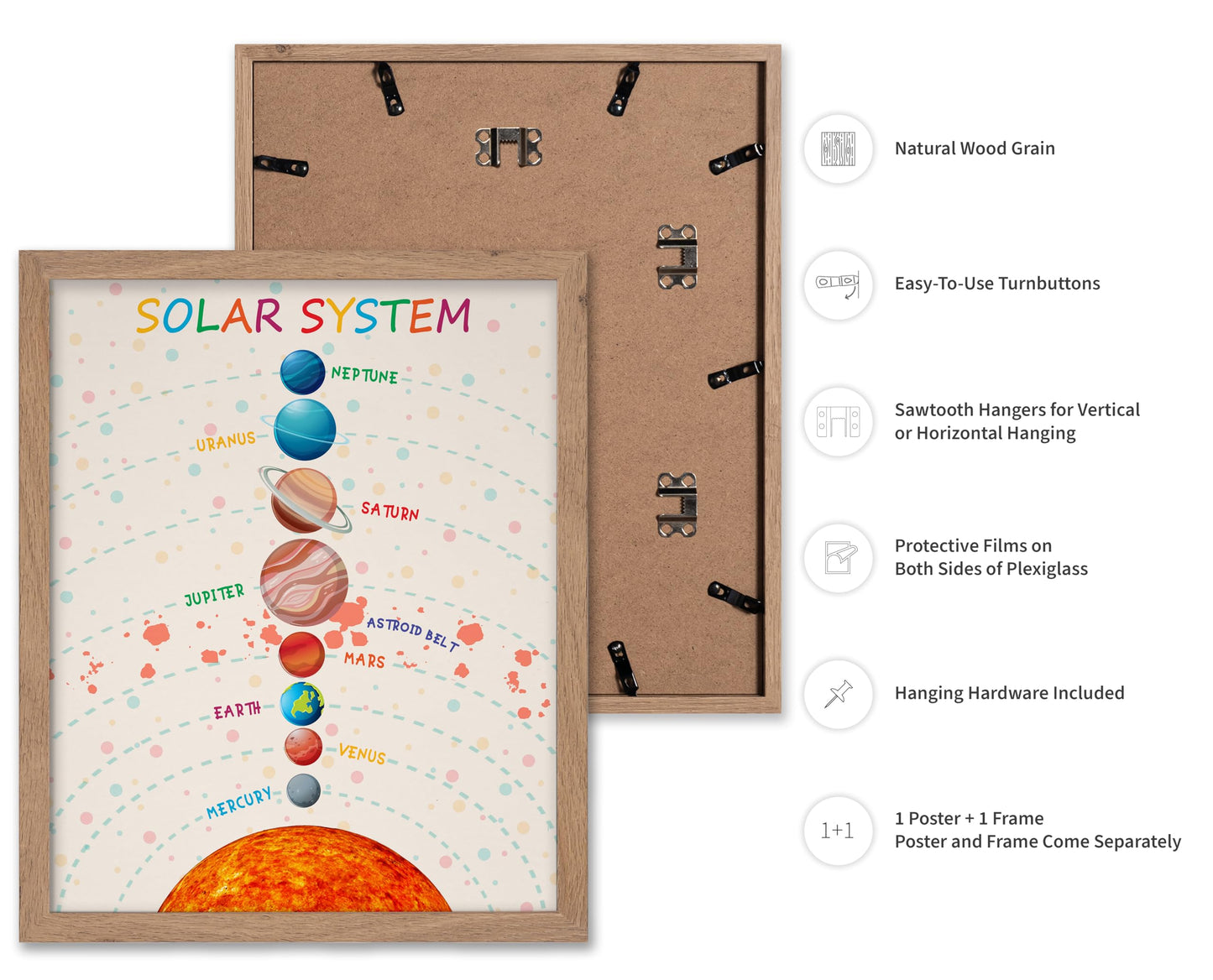 Poster Master Solar System Print - Planets Poster - Learning Materials Art - Educational Wall Design - Gift for Students & Teacher - Decor for Classroom, Library or Nursery - 11x14 Beige Framed