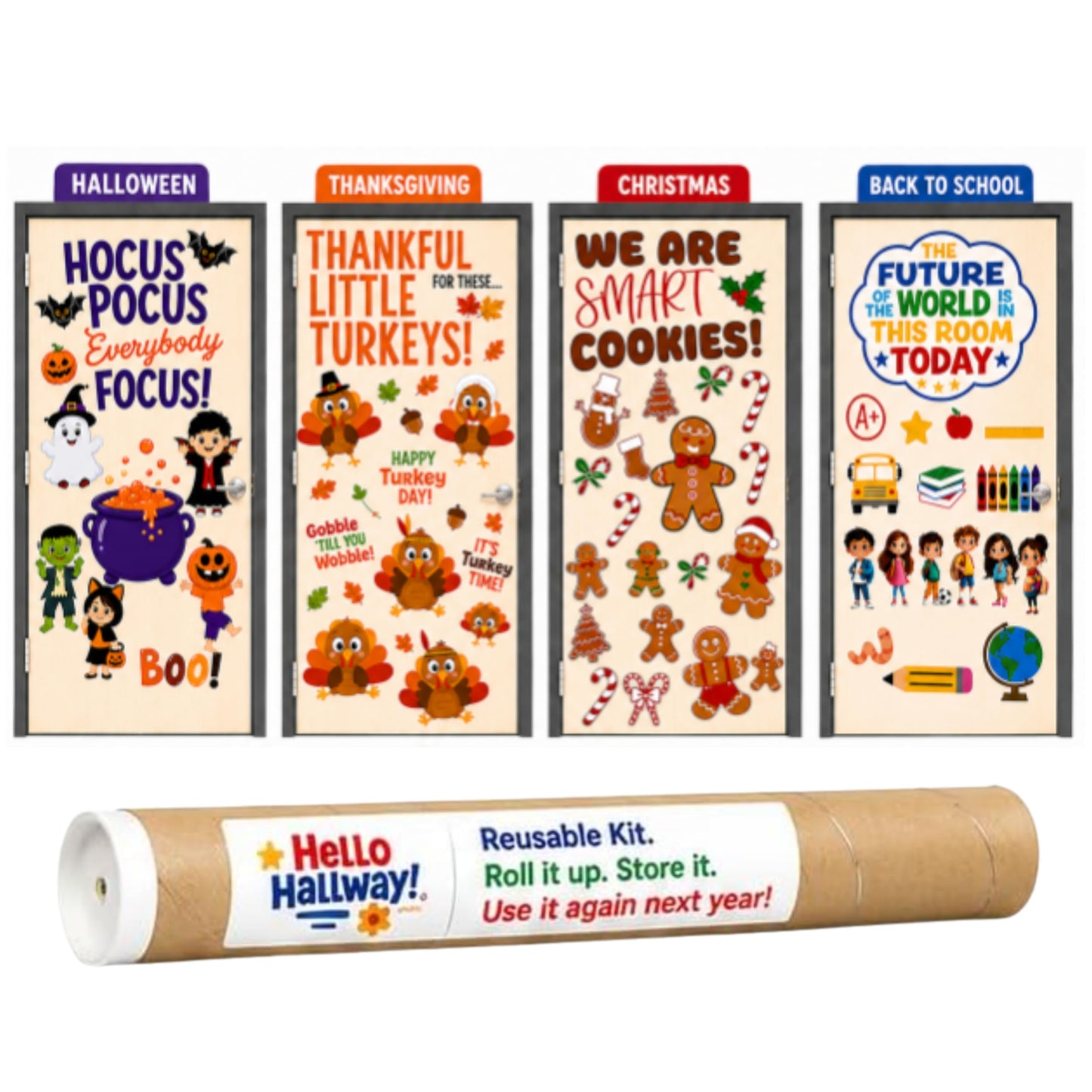 Hello Hallway Classroom Door Decorations for Teachers Seasonal Holiday 4-Pack Value | Peel & Stick Reusable Door & Whiteboard Decor | Preschool Pre-K Kindergarten | Teacher Supplies
