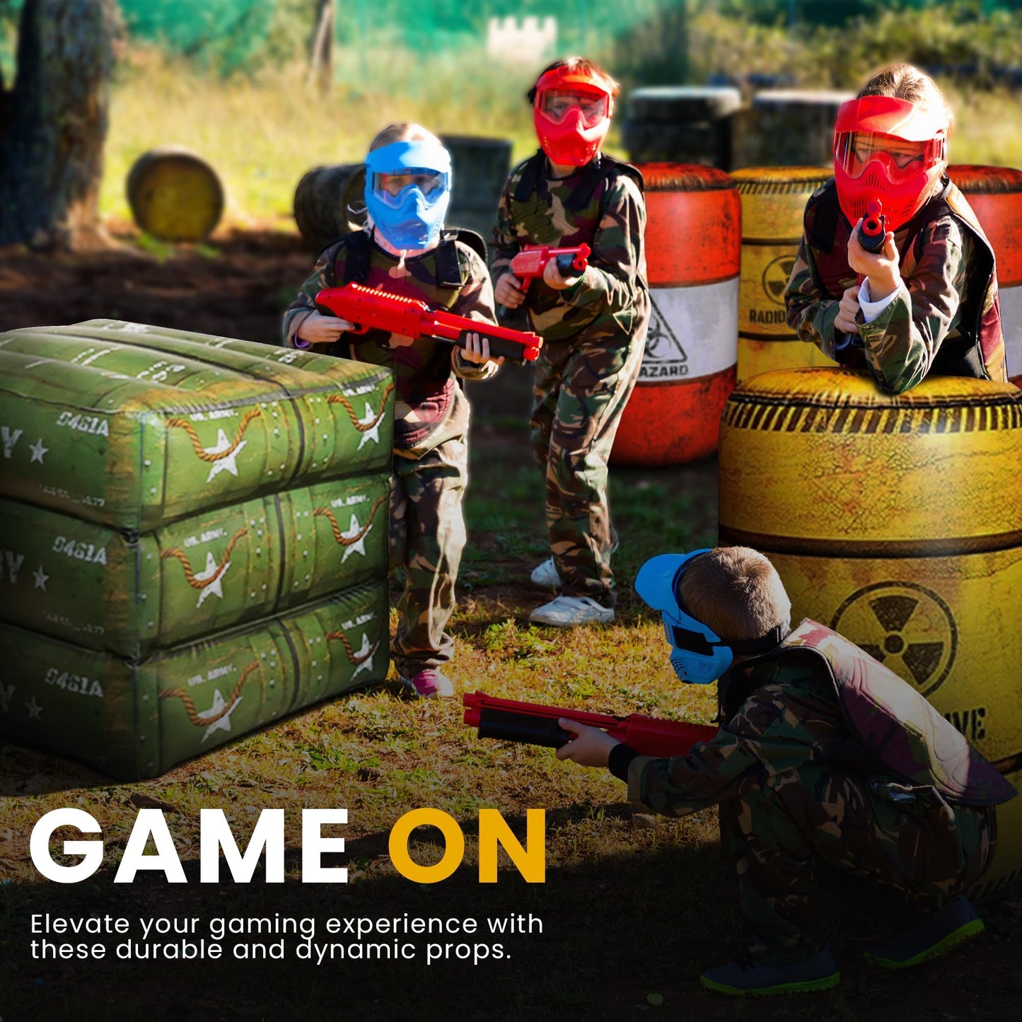 12-Piece Inflatable Combat Battlefield Set — Includes 6 Barrels, 3 Army Boxes, 3 Sandbag Barricades for Laser Tag, Water Gun, Dart Blaster, and Action-Themed Parties