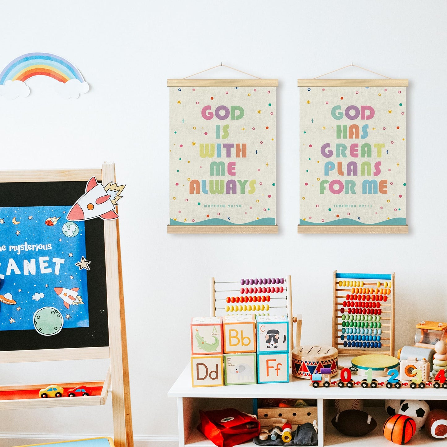 BCUANGD Christian Wall Decor - Scripture Bible Verse Wall Art Poster Hanger with Wood Frames Set of 2, Corlorful Religious Wall Hanging Canvas Decor for Boy Nursery Kids Room, 12x16 Inches