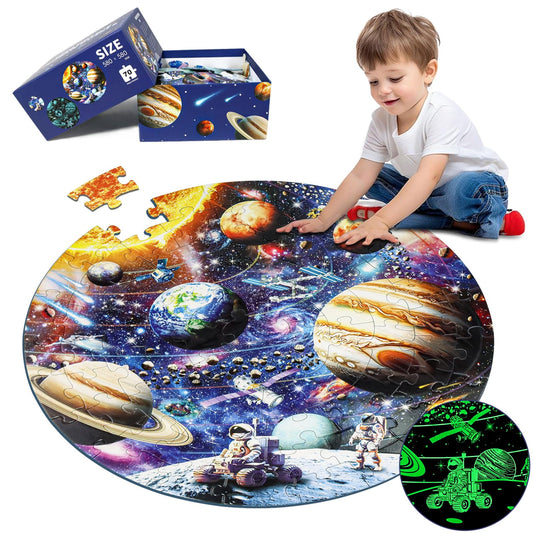 Glow in The Dark Solar System Jigsaw Puzzles for Kids Ages 4-8, 70 Pieces Kids Space Planet Floor Puzzle Toys Ages 8-10, Large Round Educational Puzzle Toys Easter Gifts for Kids Boys Girls