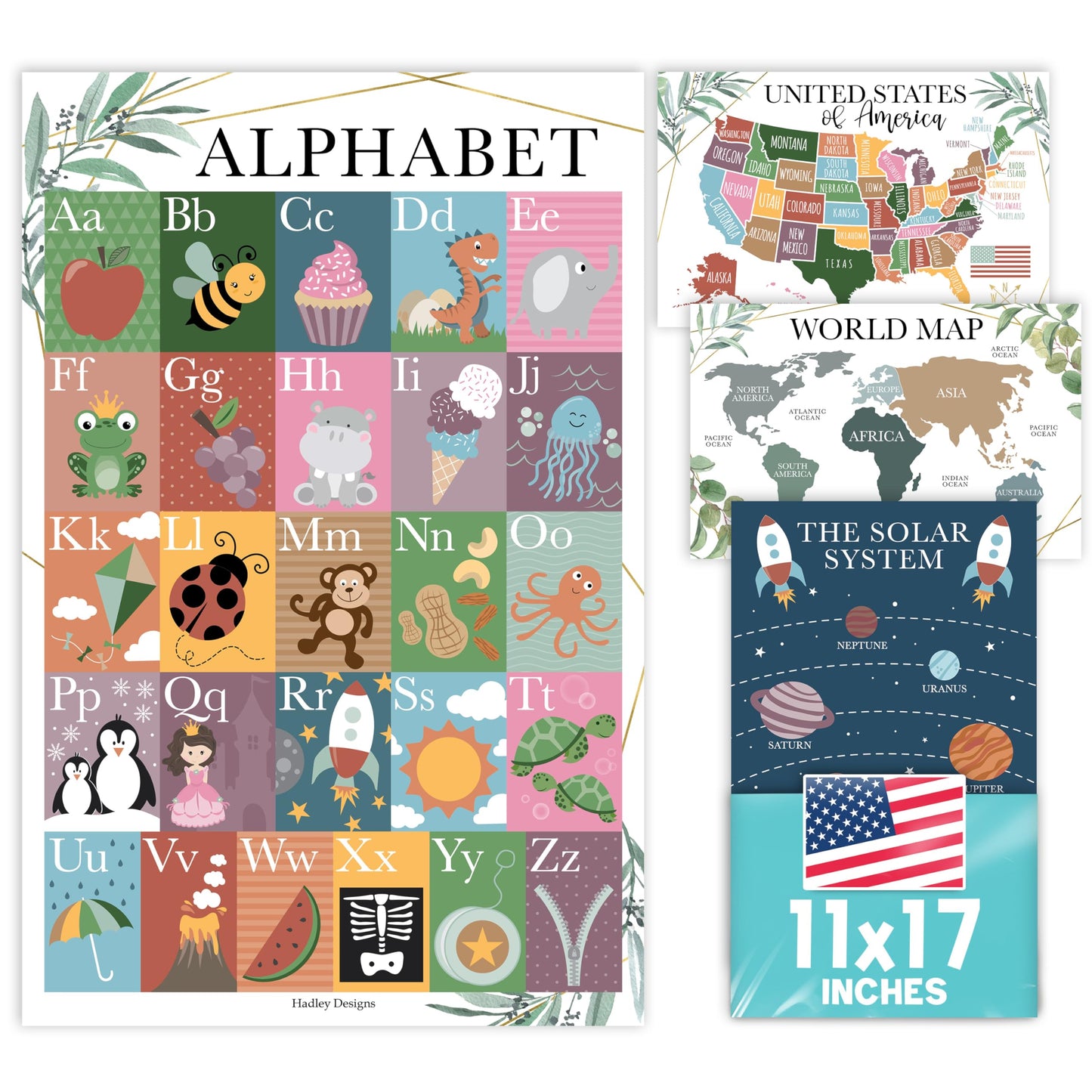 4 Alphabet, Map of United States, World Map, & Solar System Posters - Laminated ABC Charts for Toddlers Wall Decor, Greenery Posters for Kindergarten, Prek Classroom or Homeschool 11x17