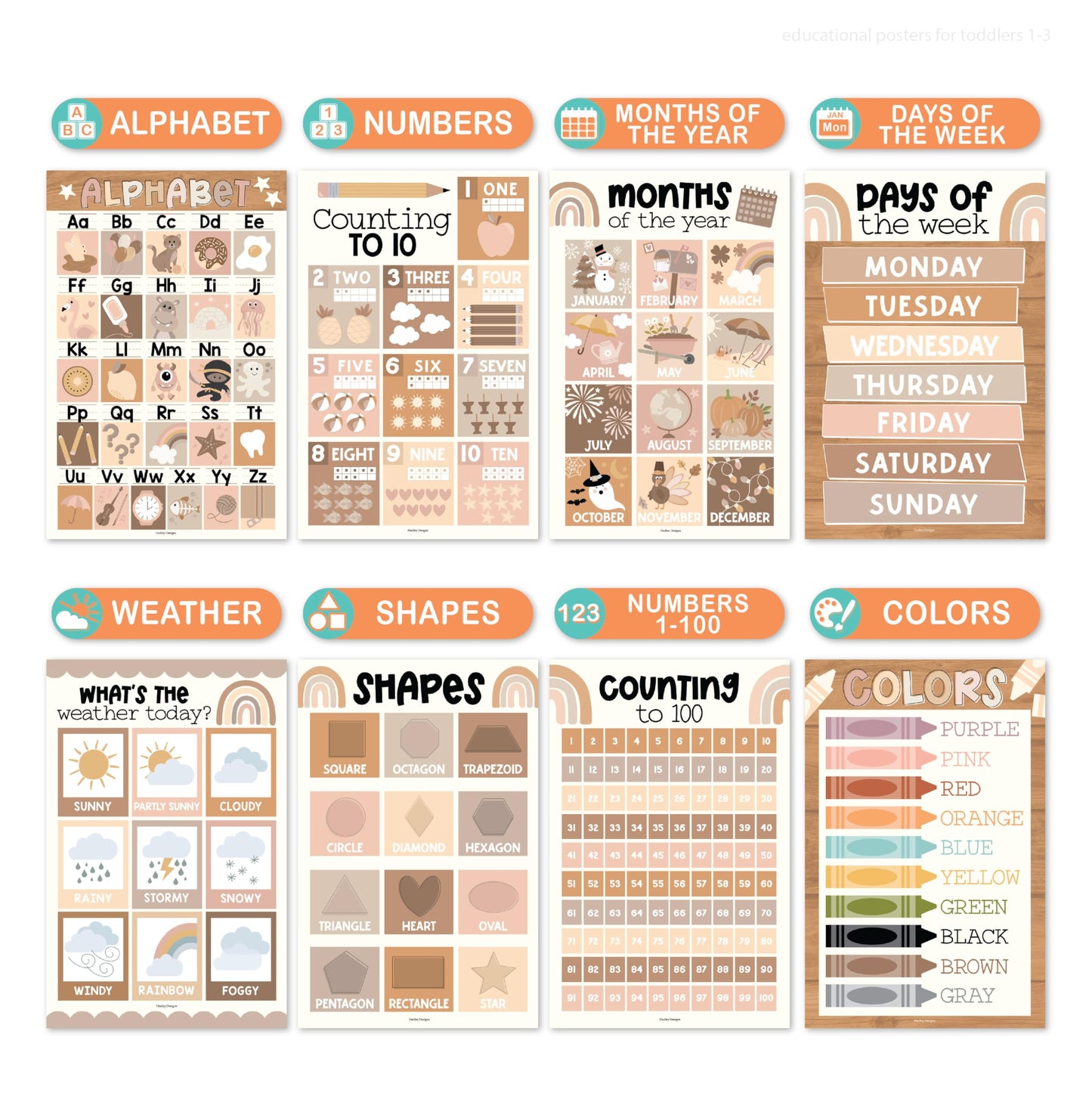 Hadley Designs 16 Educational Posters for Classroom Decor - Boho Educational Posters for Toddlers 1-3, Toddler Learning Posters for Kids Ages 3-5, Kindergarten & Preschool Classroom Must Haves