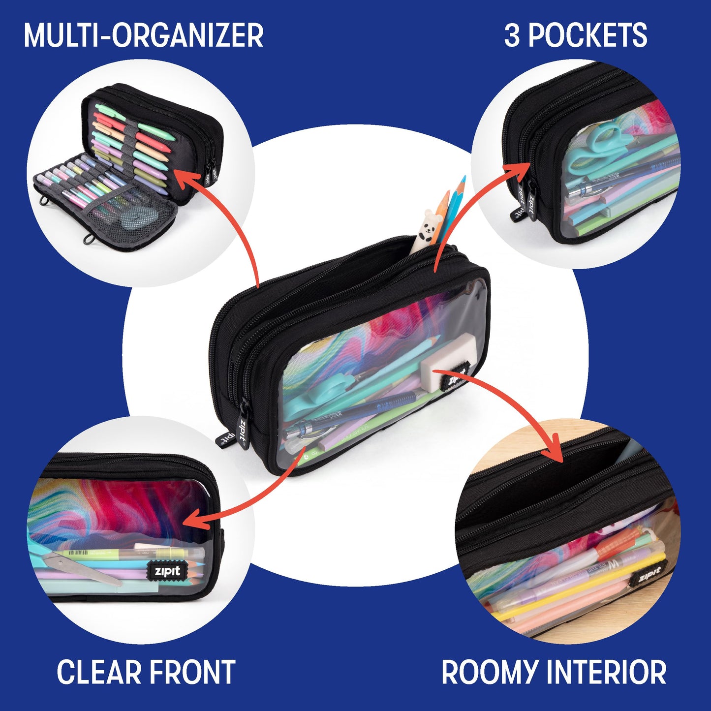 ZIPIT Half & Half Pencil Case, 3 Compartment Zipper Pouch for School, Stationery Bag for Teen Girls Boys and Adults, Black