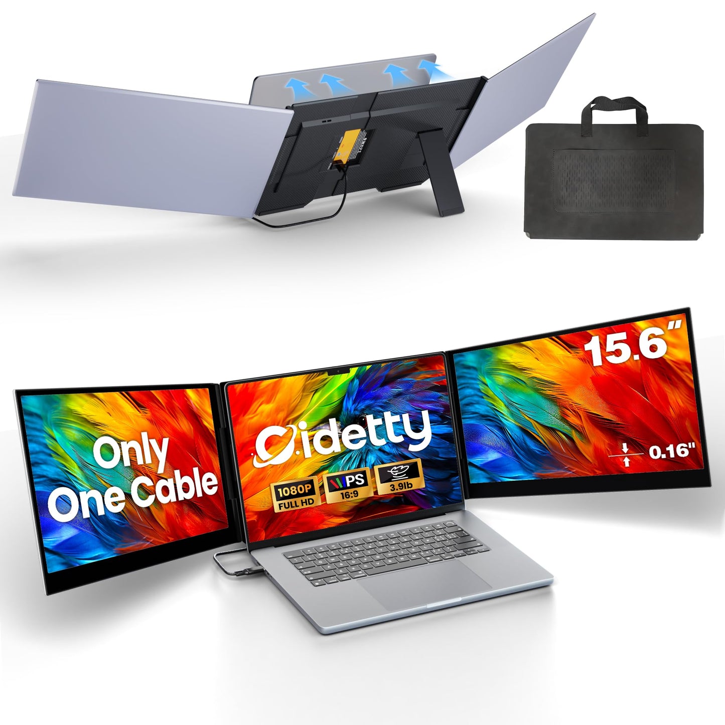 CIDETTY One Cable Connection Laptop Screen Extender Monitor Portable, Ultra Thin 15.6" 1080P FHD Triple Screen,Fit for 13-17" Laptop, Plug & Play Compatiable with Win/Mac/Chrome/Android