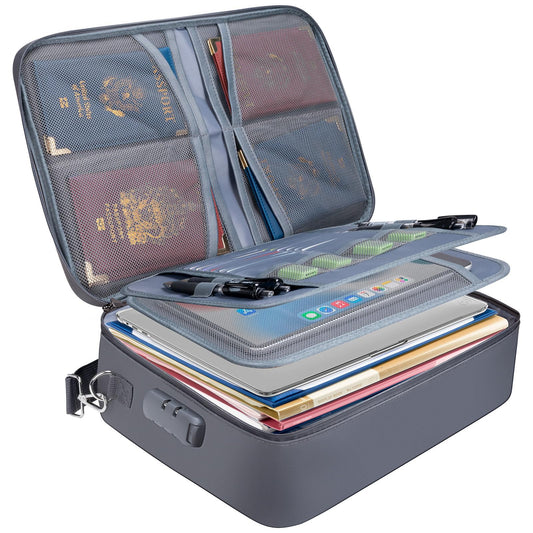 BALEINE Fireproof Document Box with Lock, Portable Fireproof Document Bag Waterproof Fire Proof File Boxes for Documents, File Organizer Box for Important Paperwork (Gray, 15''x11''x4'')