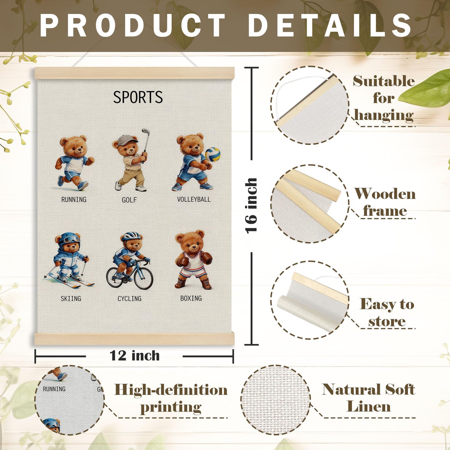 MOTERMATE Bear Sports Nursery Poster Hanger Frame, Sports Wall Hanging Decor Art Framed for Toddlers Kids Boys Room Nursery Bedroom Playroom, Kids Playroom Wall Poster Prints, 12x16 Inch