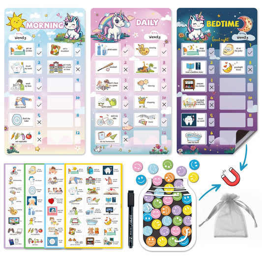 JJPRO Magnetic Bedtime/Morning/Daily Reward Routine Chart for Kids with Reward Jar-Bedtime Routine Chart,Reward Jar for Kids,Daily Checklist Reward Chart for Toddlers,Visual Schedule Board -Unicorn