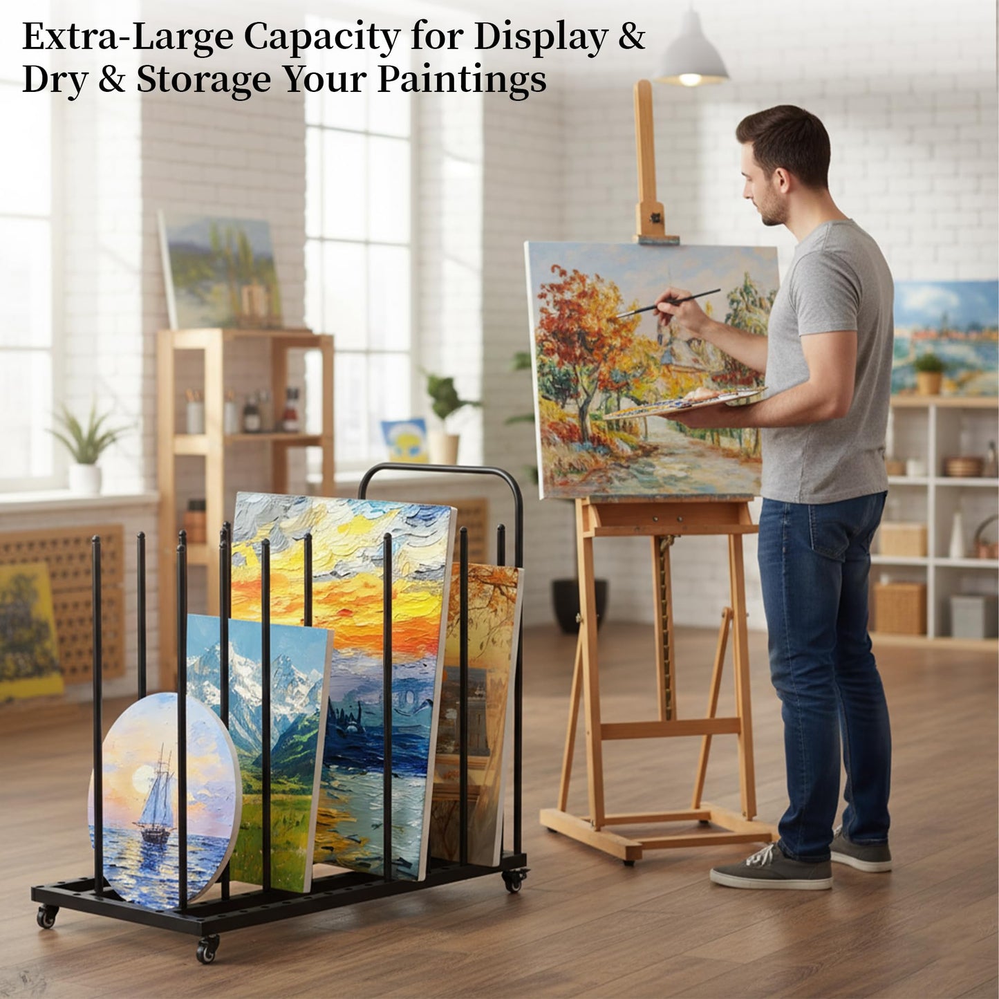 Tredre Art Storage Rack with Locking Wheels, Adjustable Metal Art Drying Painting Rack, Large Canvas Storage Display Stand for Drawing Boards, Panel, Crafts, Art Studio, Classroom and Gallery