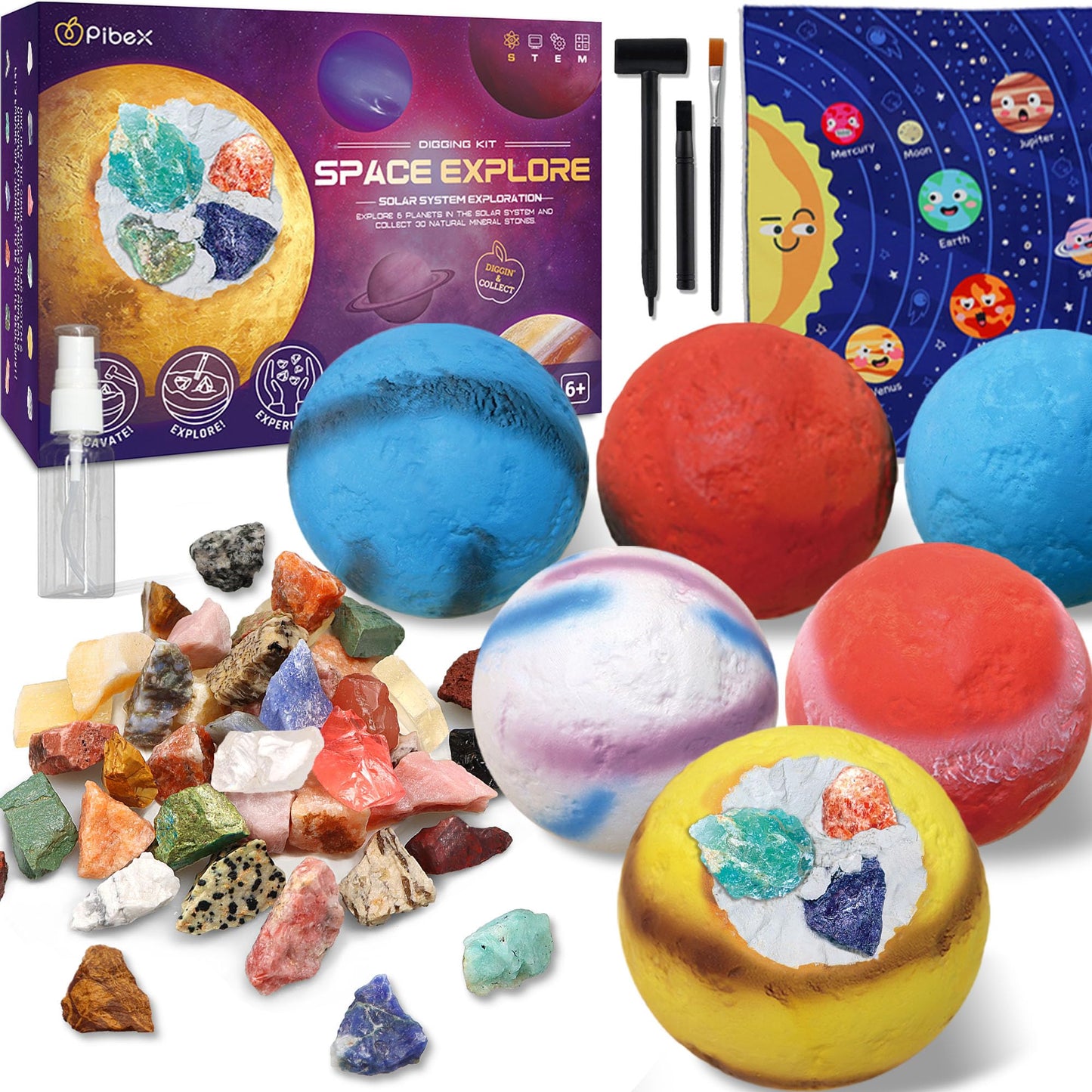 PIBEX Gemstone Dig Kit, Dig up 30 Rocks & Minerals from 6 Solar System Planets, Archaeology Geology Science Experiment Activity Set, Space Explore Mining Toy for Kids, Gift for Boys & Girls Age 6-8-12