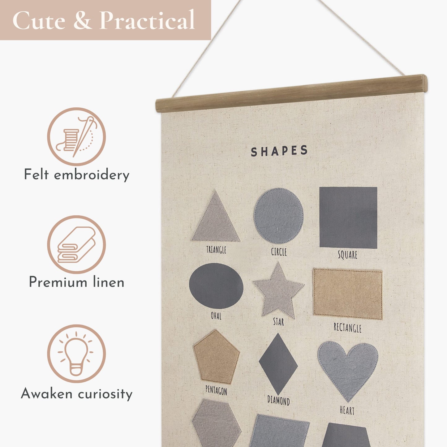 Bon et Beau 16×24 Inch Embroidered Shape Poster Framed with Wood Hanger - Neutral Gray Wall Decor for Boys Nursery, Bedroom, Playroom, Toddler and Kids Room