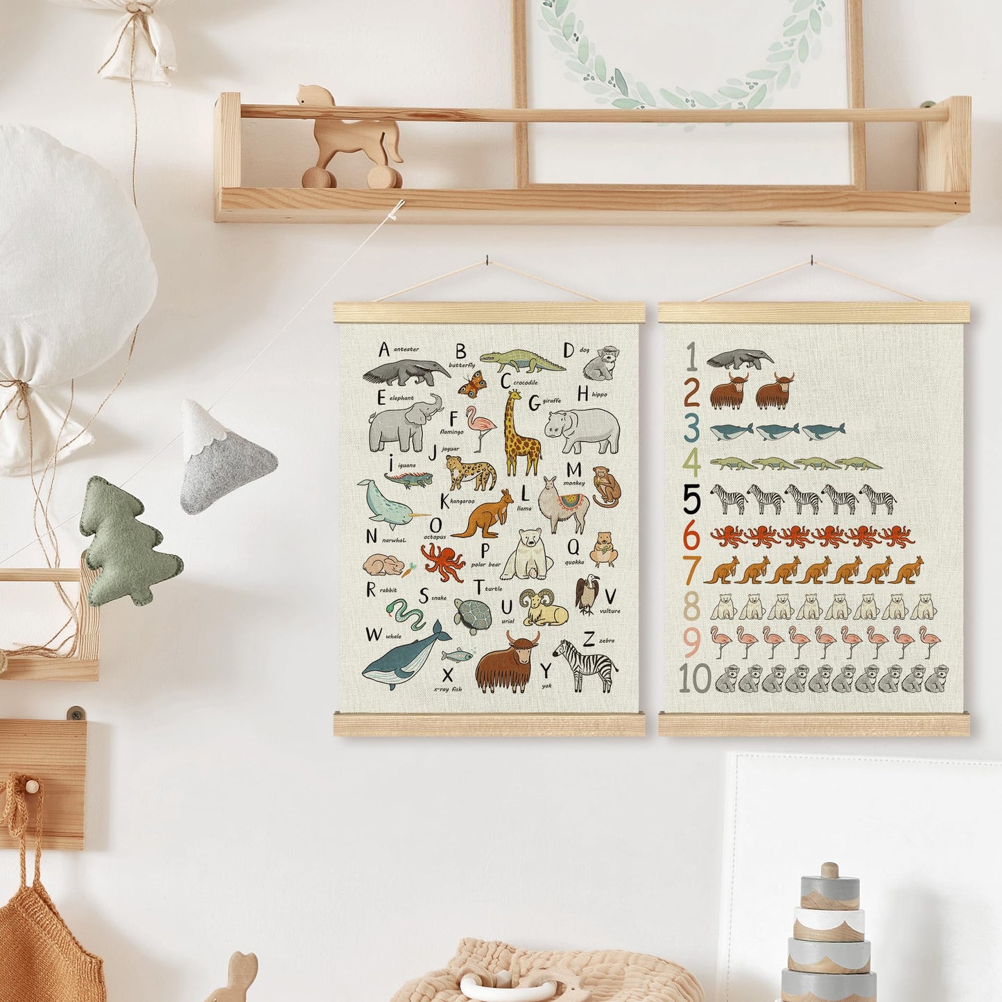 BCUANGD Alphabet Educational Wall Decor - Neutral Ocean Coastal Animals Poster Hanger with Wood Frames Set of 2, Kids ABC Numbers Wall Hanging Canvas Decor for Home Playroom Kids Room, 12x16 Inches