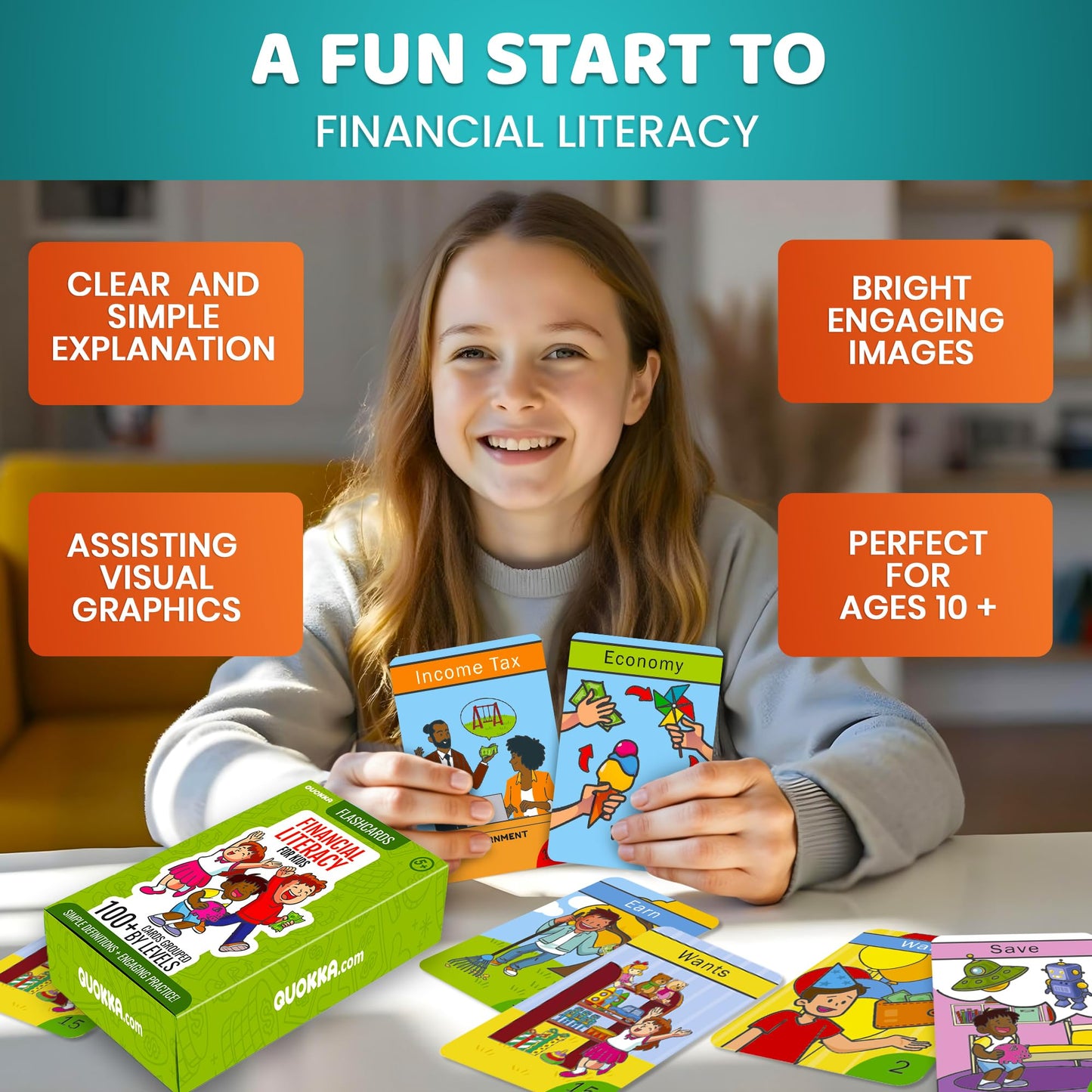 QUOKKA Financial Literacy Flash Cards for Teens – 110 Cards Teaching Kis About Money Management, Budgeting, Savings – Easy Money Games for Kids Ages 12+ – Fun Financial Literacy Games and Learning