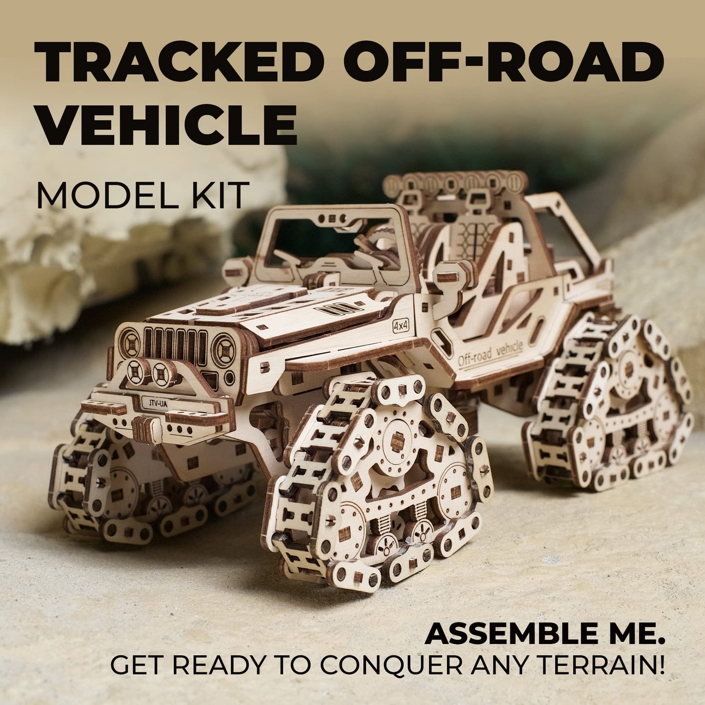 UGEARS Tracked Off-Road Vehicle - 4WD Model Vehicle Kits to Build - DIY 3D Car Model Puzzle with Spring Motor, 2 Driving Modes, Openable Hood with Engine - 3D Wooden Puzzles for Adults