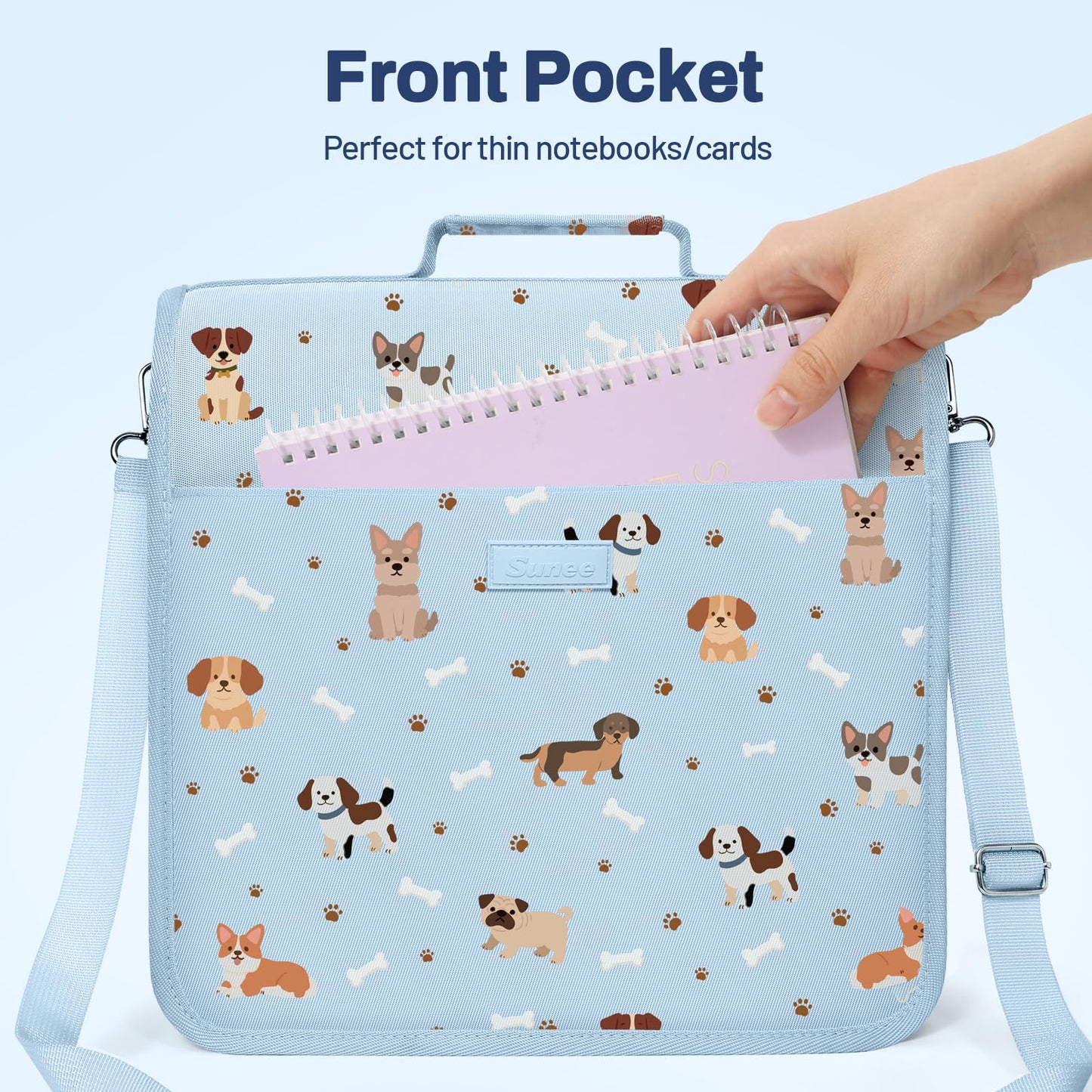 SUNEE Zipper Binder 3 Ring, 3 Inch O-Ring with Handle and Shoulder Strap, 600-Sheet Capacity, 5-Tab Expanding File Folder, Multi-Pockets for Middle School Organizer Binder with Zipper, Blue Dog