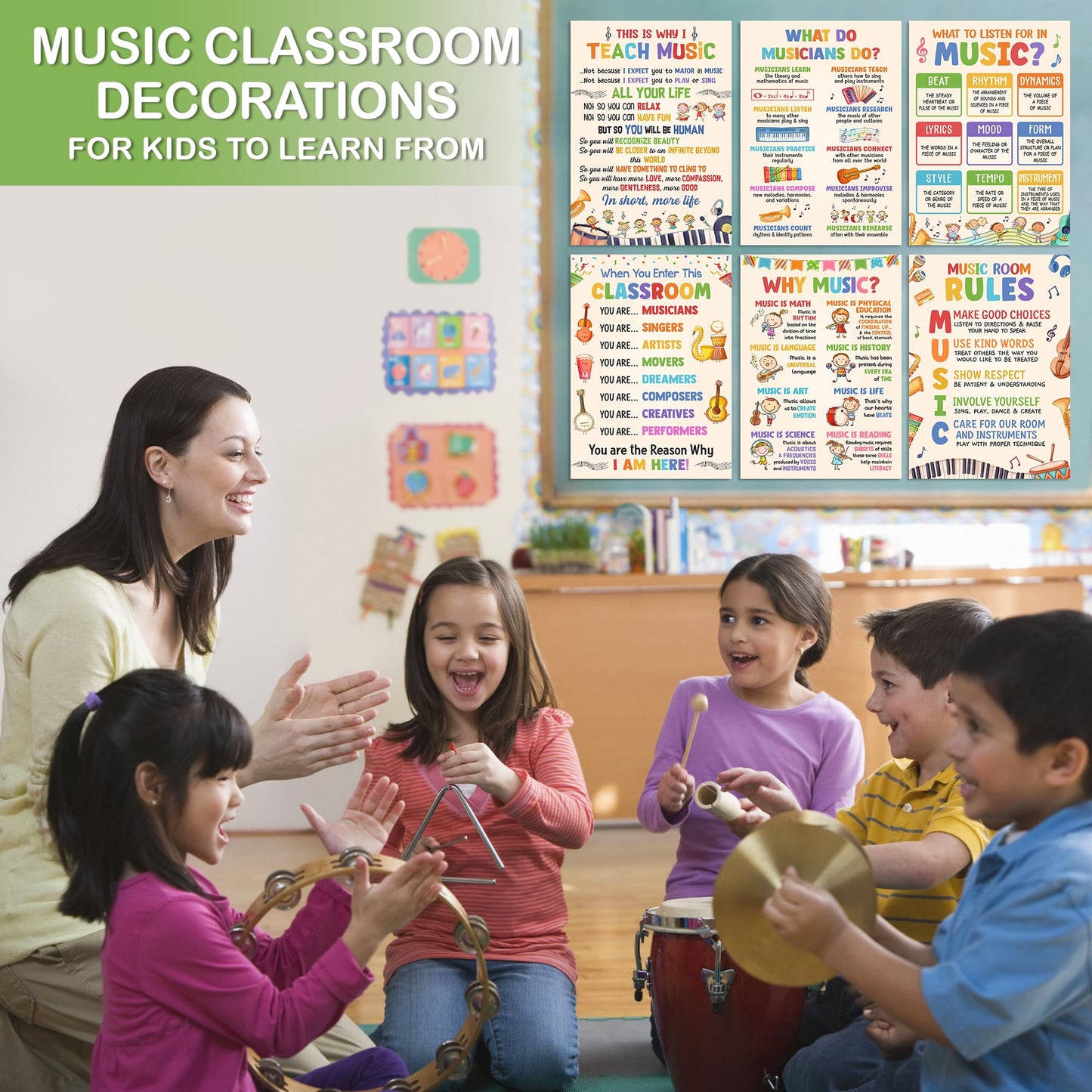 Lalunia 6 Pcs Music Classroom Posters (11"x16") - Why Music Classroom Rules Posters for Bulletin Board Decorations, Teacher Supplies, Musical Education Decor for Elementary Middle School
