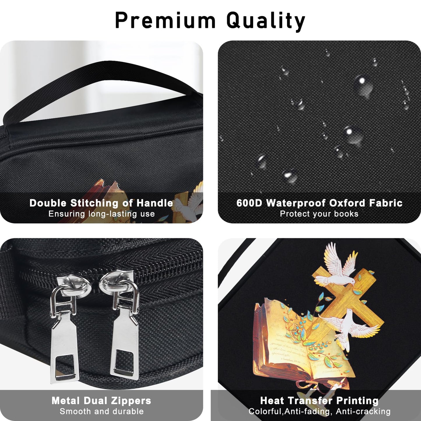 Bible Cover for Women & Men, Bibles Study Supplies Covers with Zipper for Journaling Accessories Kits-Book Carrying Travel Case for Teens Black Tote Church Bag for Bible Study