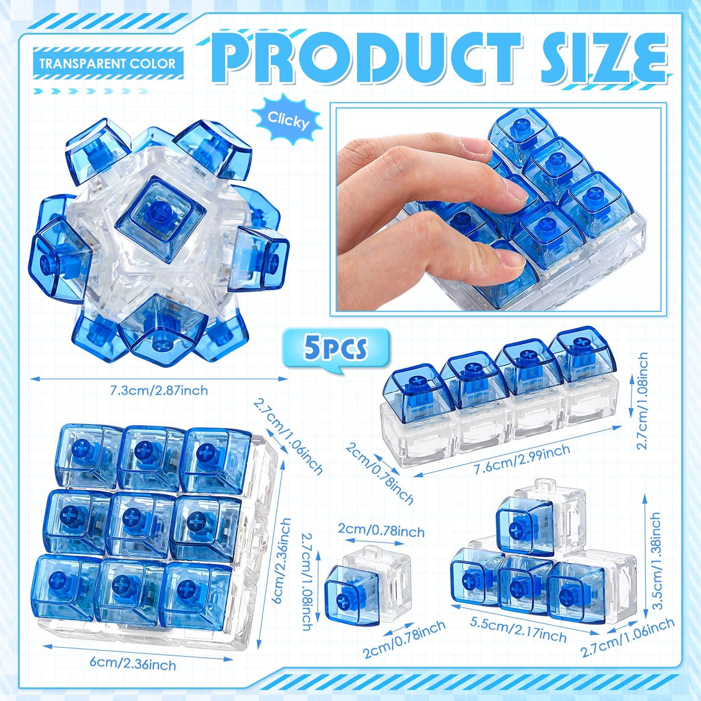 Halloscume 5 Pcs Keyboard Adult Fidget Clicker in 5 Styles Keyboard Fidget Keychain Cube Mechanical Key Button Clicker Stress Relief Gift for Office Home Pass Time(Transparent Blue)