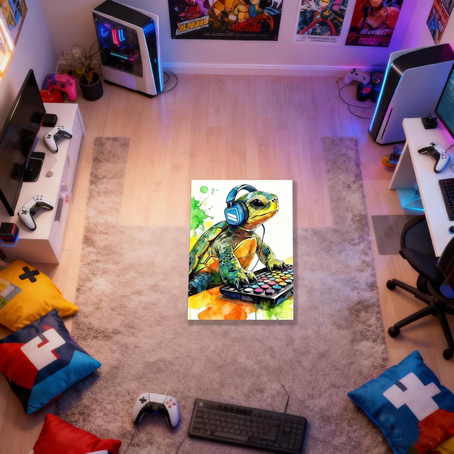 Graffiti DJ Sea Turtle Canvas Wall Art Modern Funny Print 16x24 inch Green Tortoise with Headphones Teen Boy Gaming Room Cool Framed Animal Decor Kids Bedroom Gift Decor Men Office Home Poster