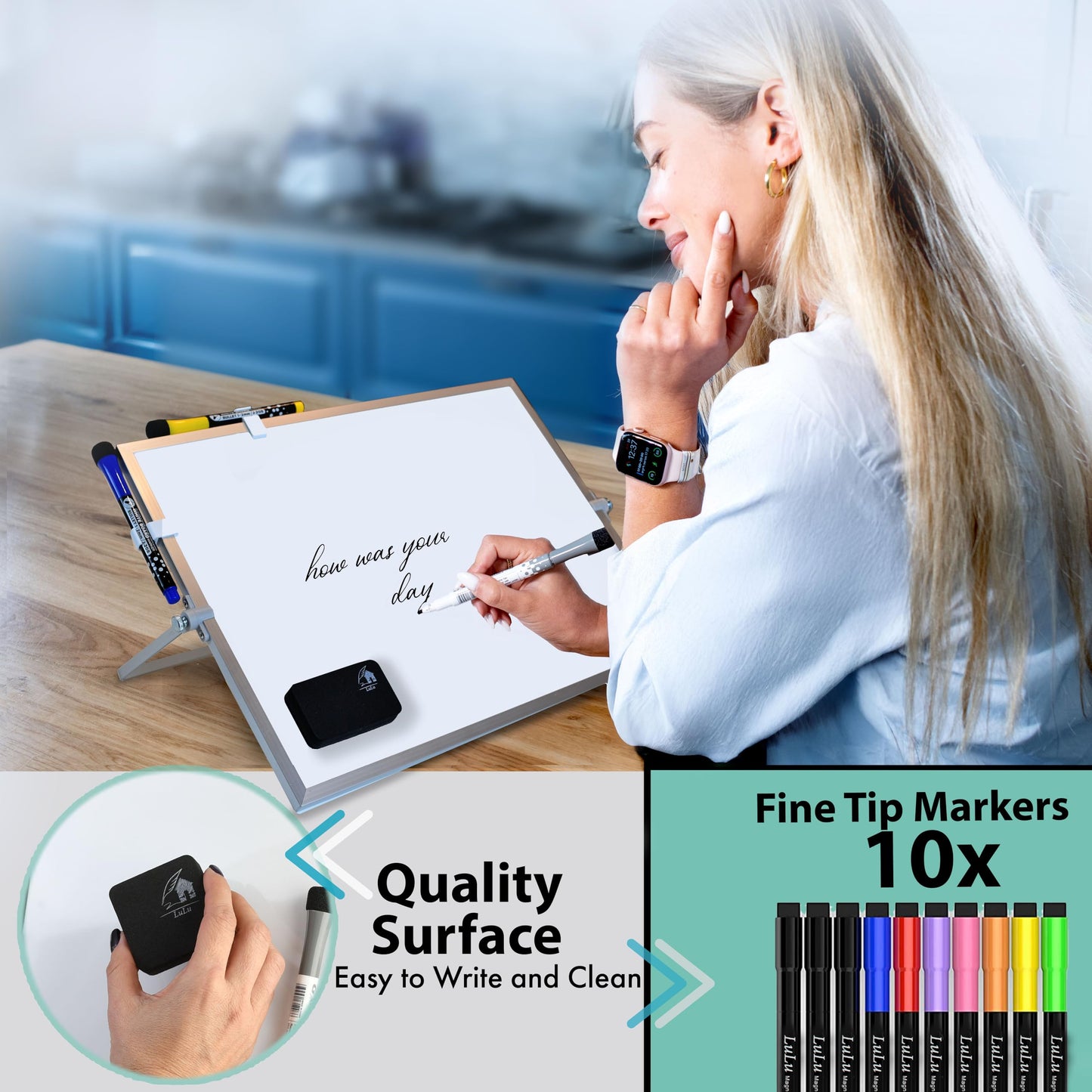 12x16 Magnetic Dry Erase Whiteboard with Stand – Double-Sided Desktop Board, 10 Markers, 4 Magnets & Eraser – Black Frame | LULU OFFICE