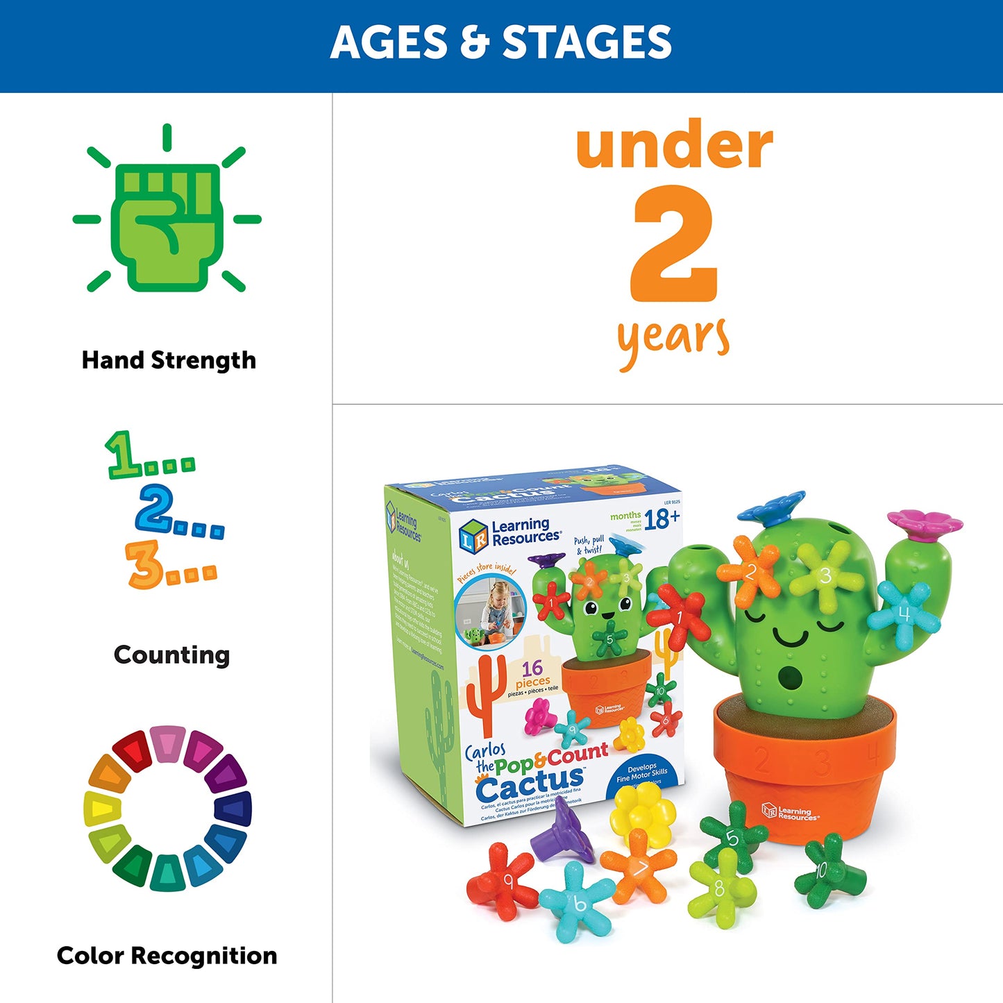 Learning Resources Carlos the Pop & Count Cactus - 16 Pieces, Age 18+ Months, Toddler Montessori Toys, Stacking Shape, Sorting And Matching Skill Activities, Educational Games
