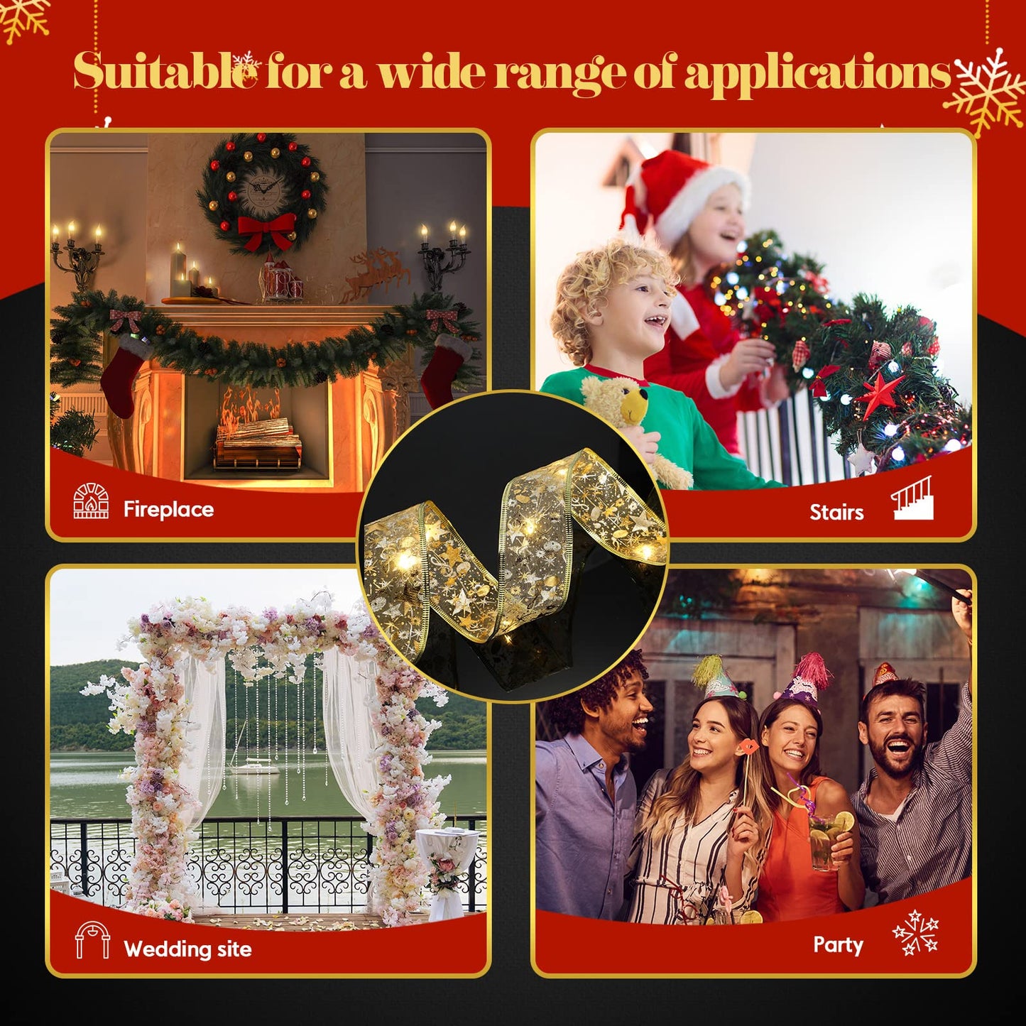 Sherr 79ft Christmas Ribbon Lights, 240 LED Fairy Lights, Battery Operated, Gold, Model SH-79FT-240-G-HD