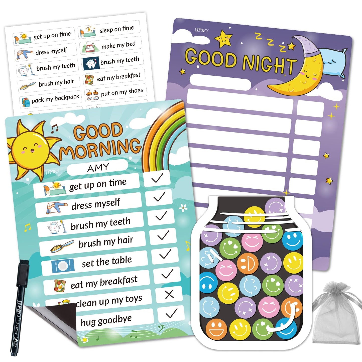 Magnetic Bedtime/Morning Routine Chart &Reward Jar for Kids -Toddler Morning Checklist Board,Daily Reward Routine Chart for Kids,Dry Erase Bedtime Reward Chart,Daily Schedule Chart at Home
