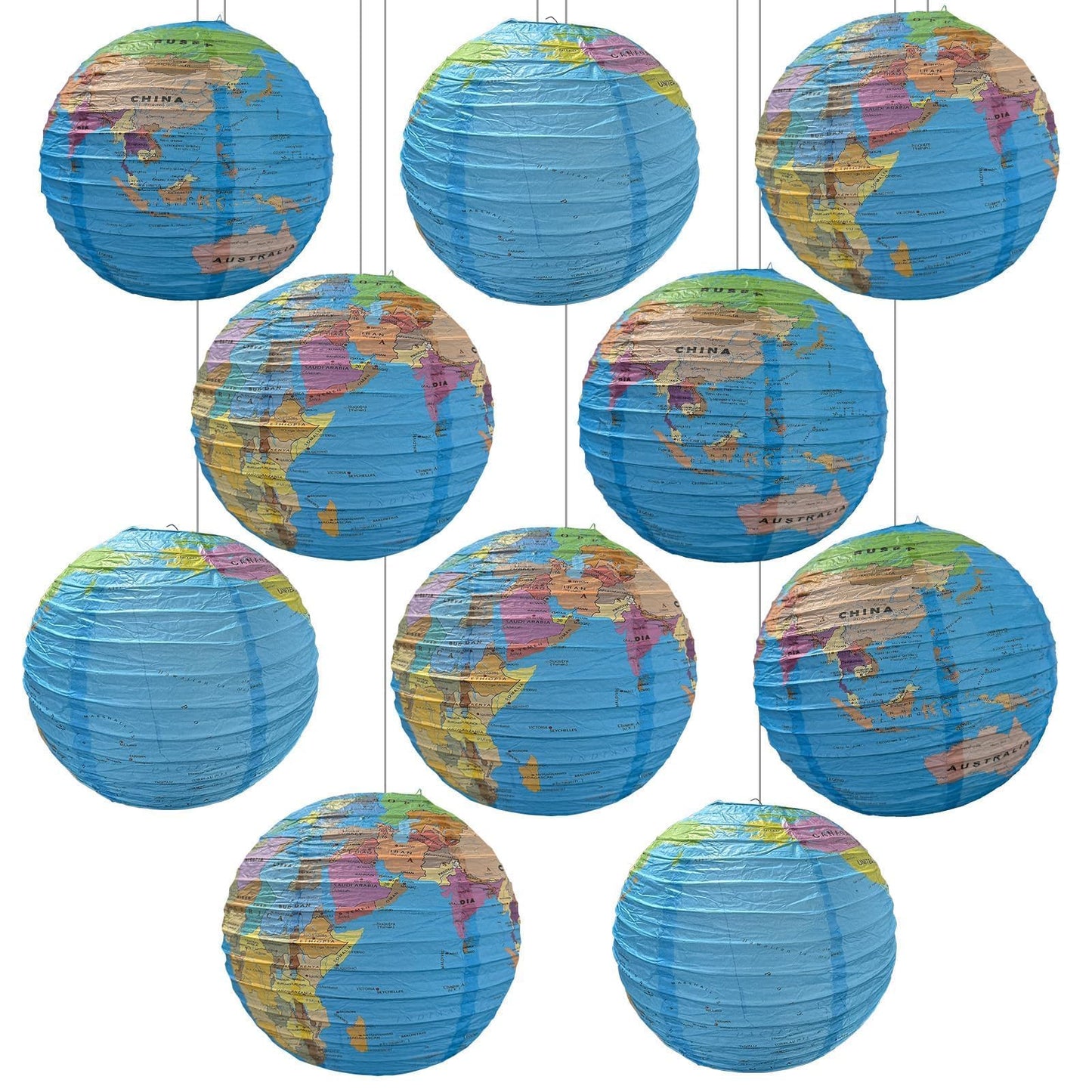JIEFULL 10 Pack 12 Inch Globe Paper Lanterns for Ceiling Hanging, Large Earth Lantern Around The World Map Decorations