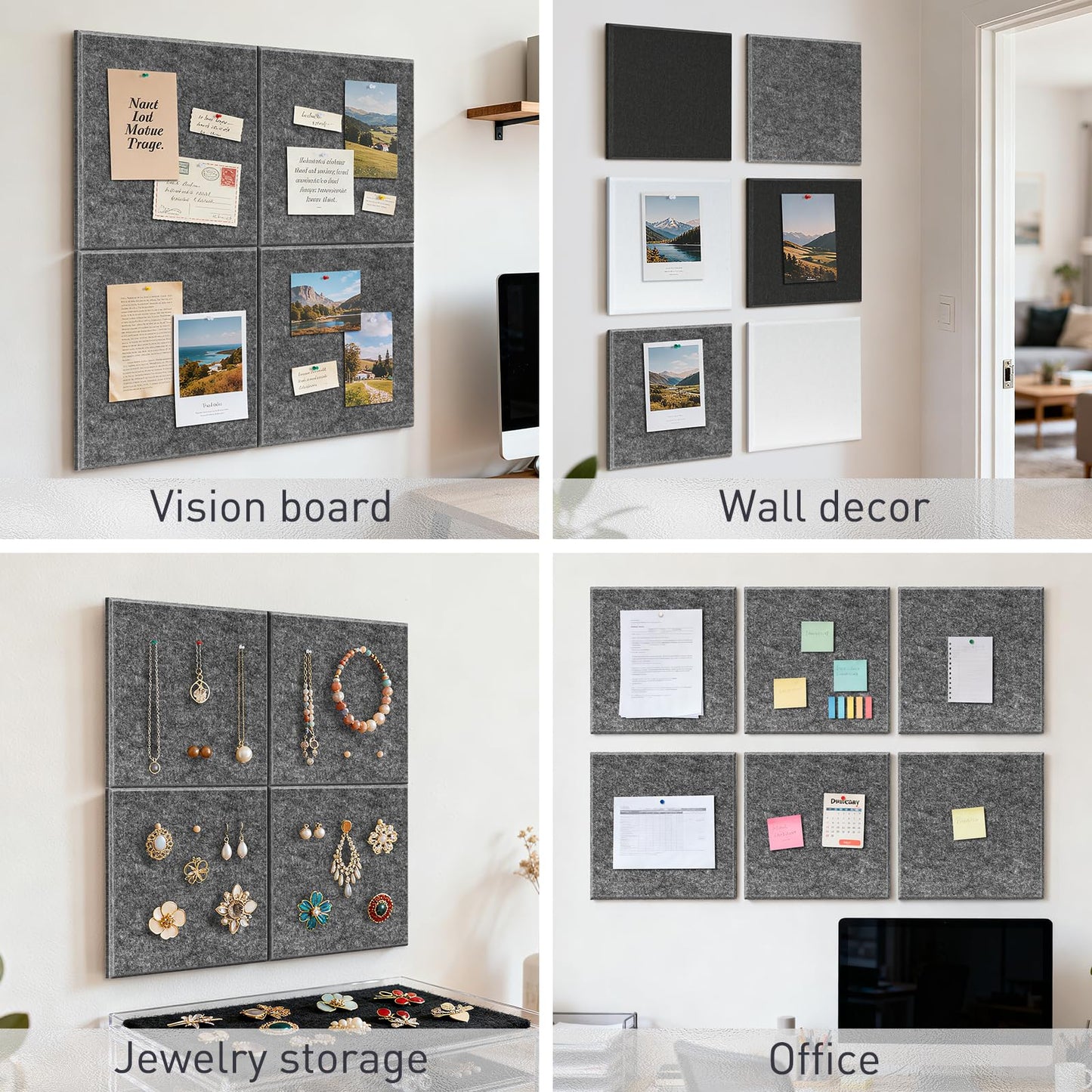 QUEENLINK Large Cork Boards 48"x36", 12-Pack Self-Adhesive Felt Bulletin Board Tiles with 120 Push Pins, Square Felt Wall Panels Pin Board Tack Board Wall Organizer for Home Office Decor, Grey