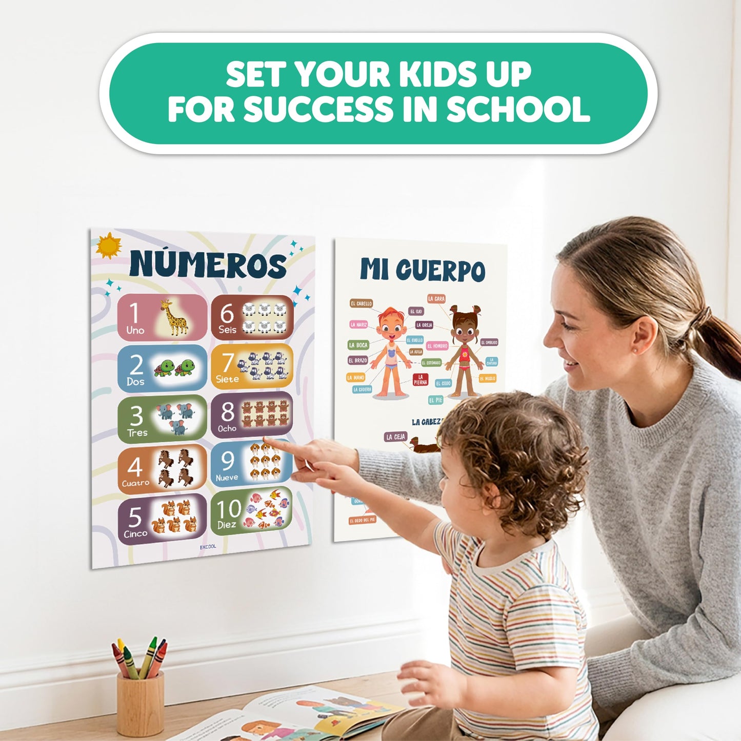 EXCOOL CLUB 16 Spanish Classroom Posters For Elementary - Colorful Bilingual Educational Posters For Toddlers 1-3, Laminated Learning Poster Preschool Must Haves, Abecedario Para Niños En Español