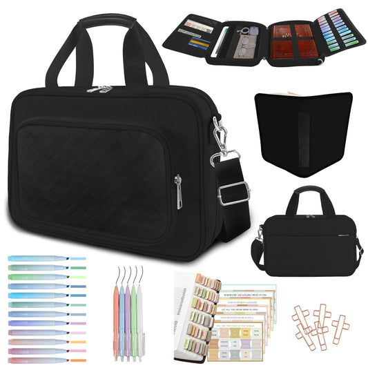 IBOVODI Bible Cover Case for Men Women with Highlighters Tabs Pens Cross Clips Large Church Bag with Zippered Pocket and Handle, Bible Study Supplies Bible Journaling Kit Book Carrying Case (Black)