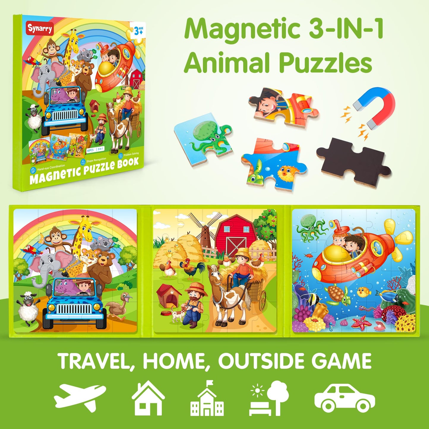 SYNARRY Magnetic Puzzles for Kids Ages 3-5, 20 Pieces Toddler Animal Puzzles for Kids Ages 4-6, Easter Basket Stuffers Gifts for Kids, Car Airplane Road Trip Activities Magnet Games Toy for Boys Girls