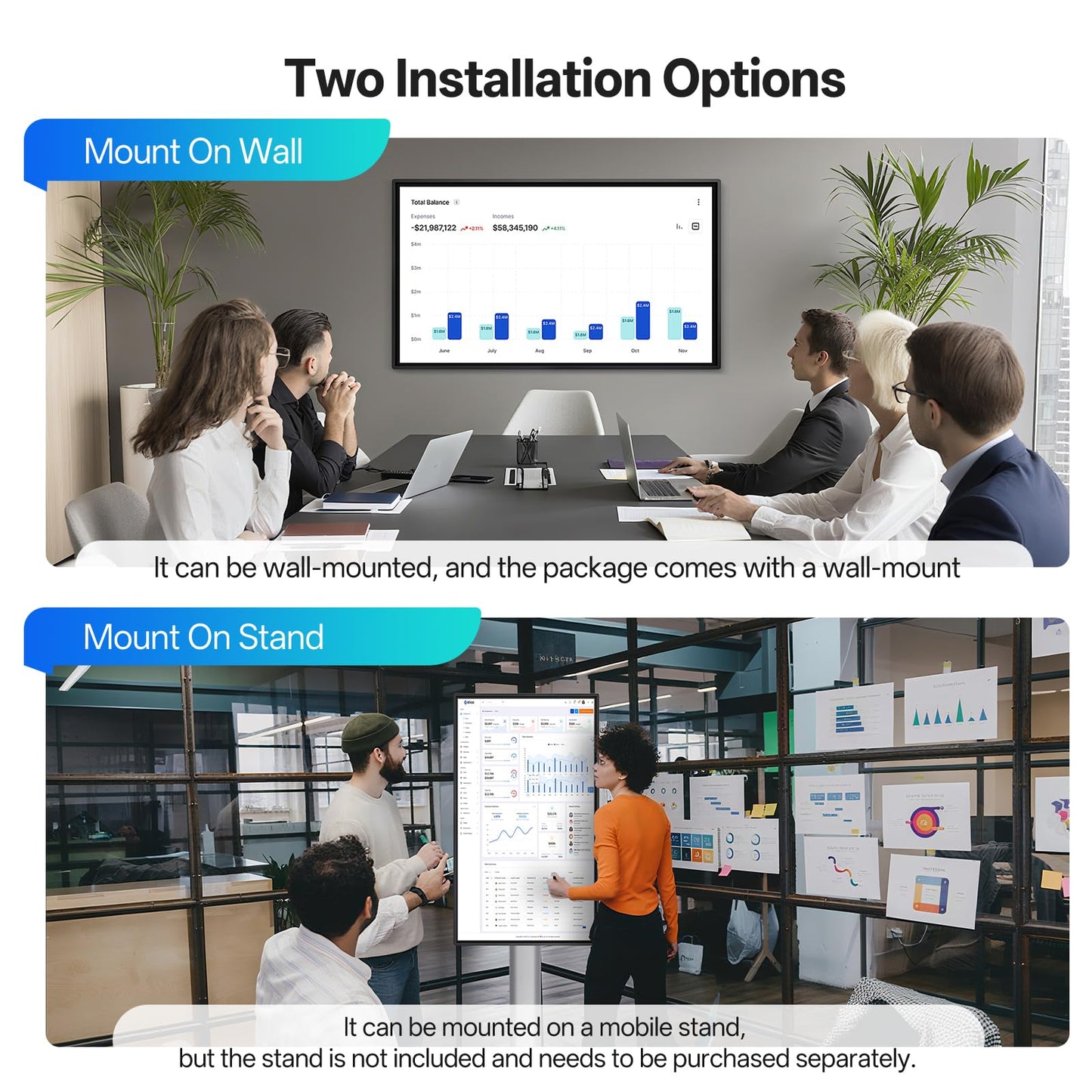 JAV Smart Board 49 Inch, Interactive Whiteboard with EDLA Certified for Office and Classroom, Digital Whiteboard Rotating Touchscreen Android 14 8+128GB (Board Only)