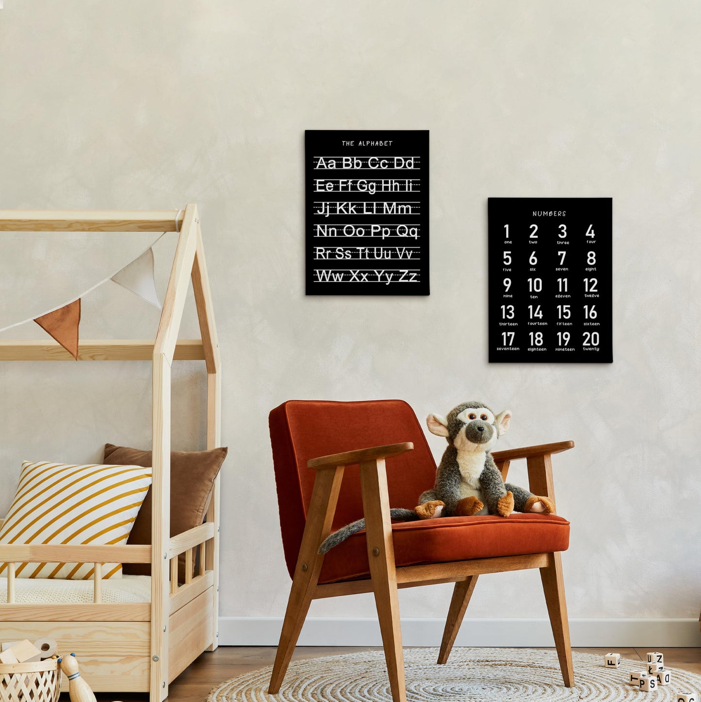 HRQKO Black Alphabet Numbers Nursery Canvas Wall Art Set of 2, Kids Room Decor Framed Art, Black ABC Numbers Educational Posters Wall Decor for Classroom Toddler Nursery Bedroom Playroom, 11x14 inch